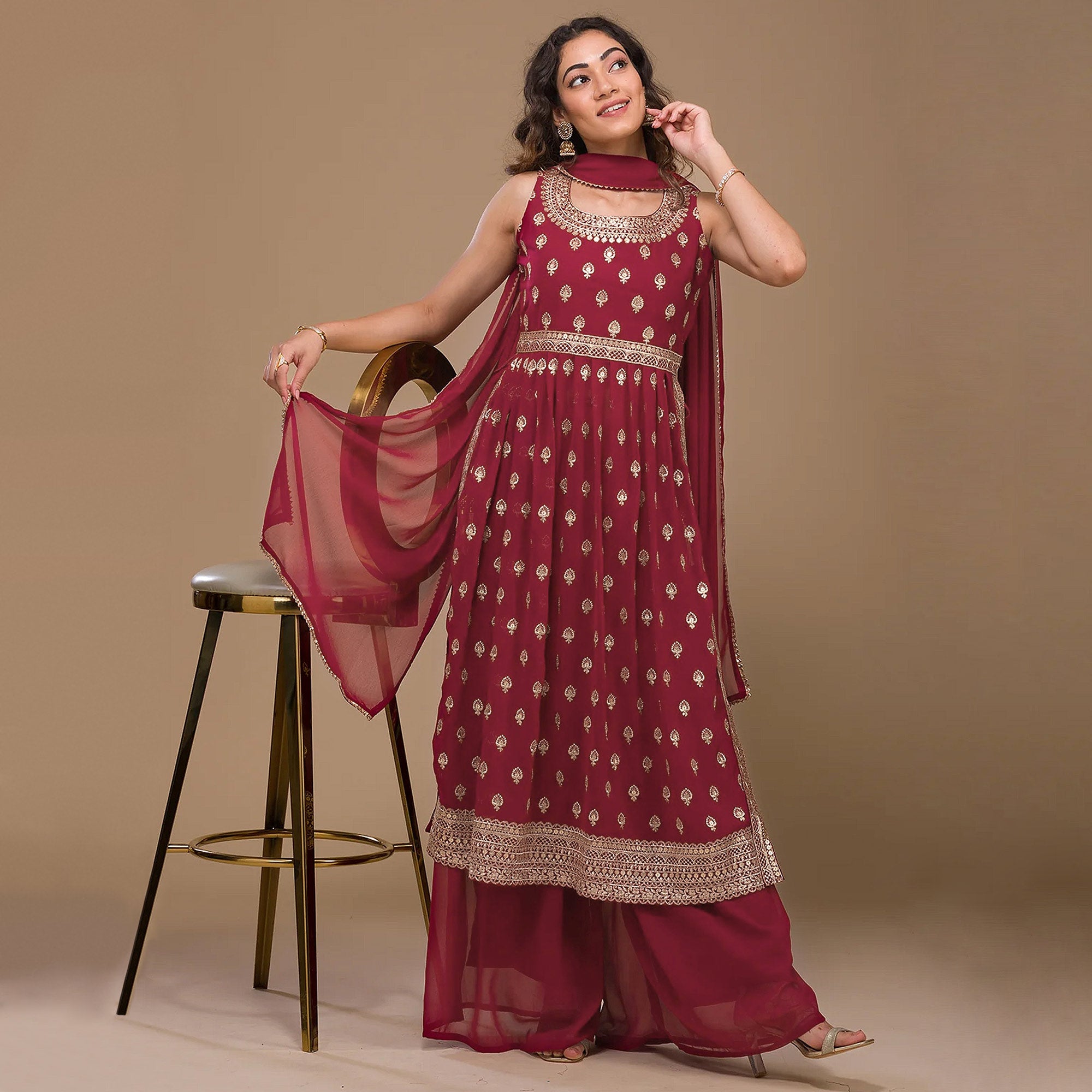 Maroon Sequins Embroidered Georgette Naira Cut Semi Stitched Suit