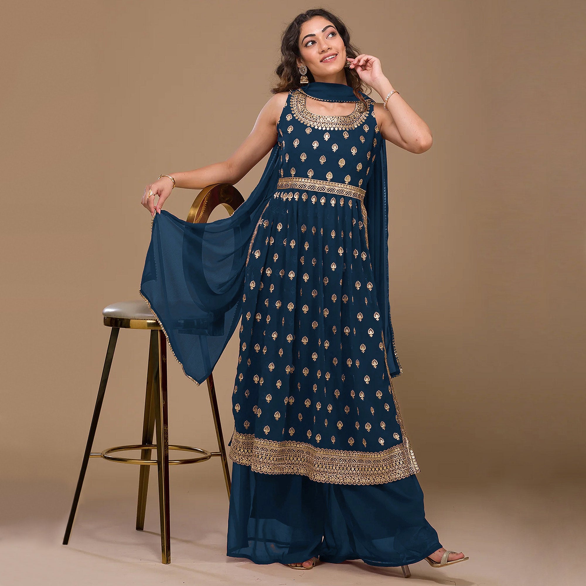 Blue Sequins Embroidered Georgette Naira Cut Semi Stitched Suit