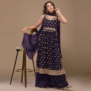 Purple Sequins Embroidered Georgette Naira Cut Semi Stitched Suit