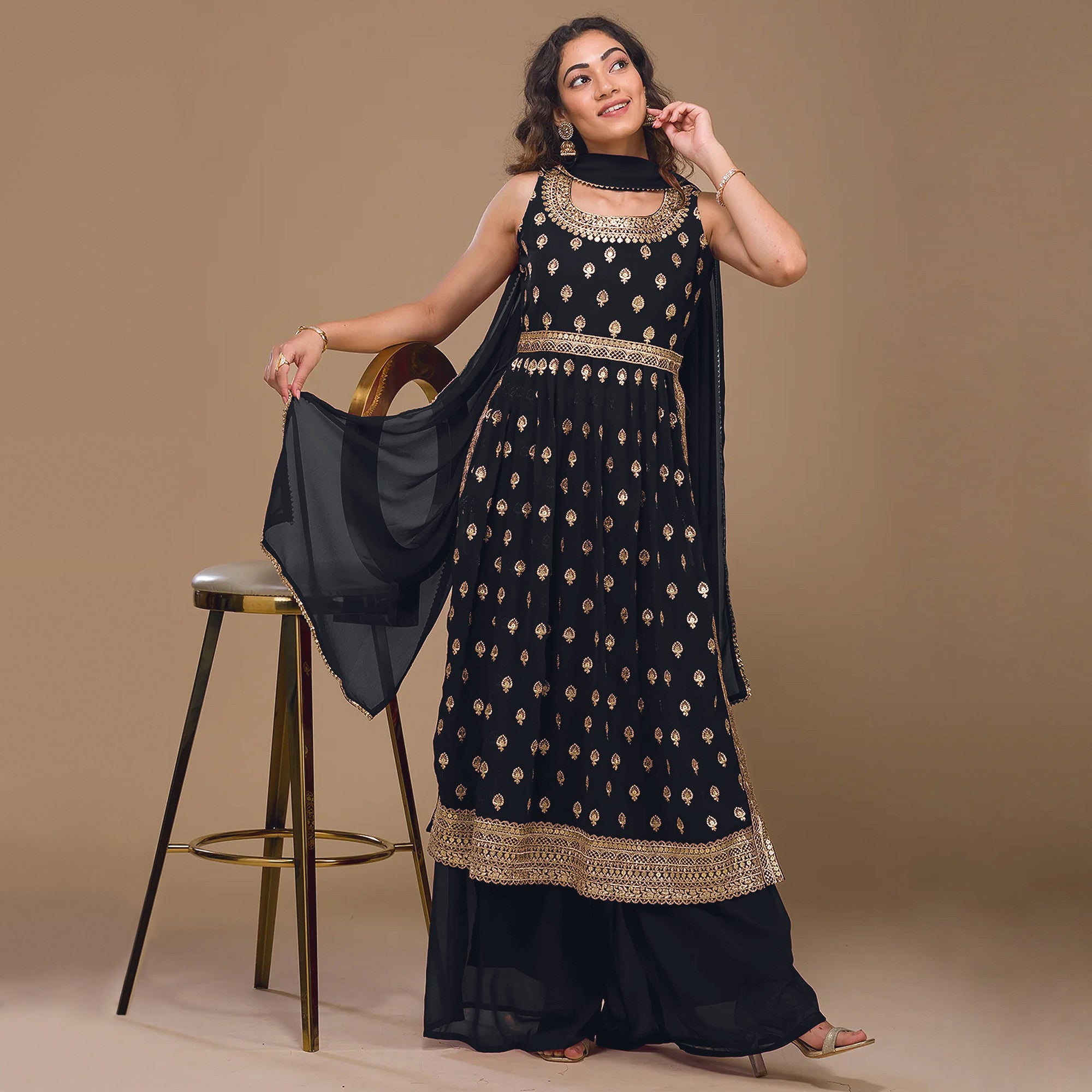 Black Sequins Embroidered Georgette Naira Cut Semi Stitched Suit
