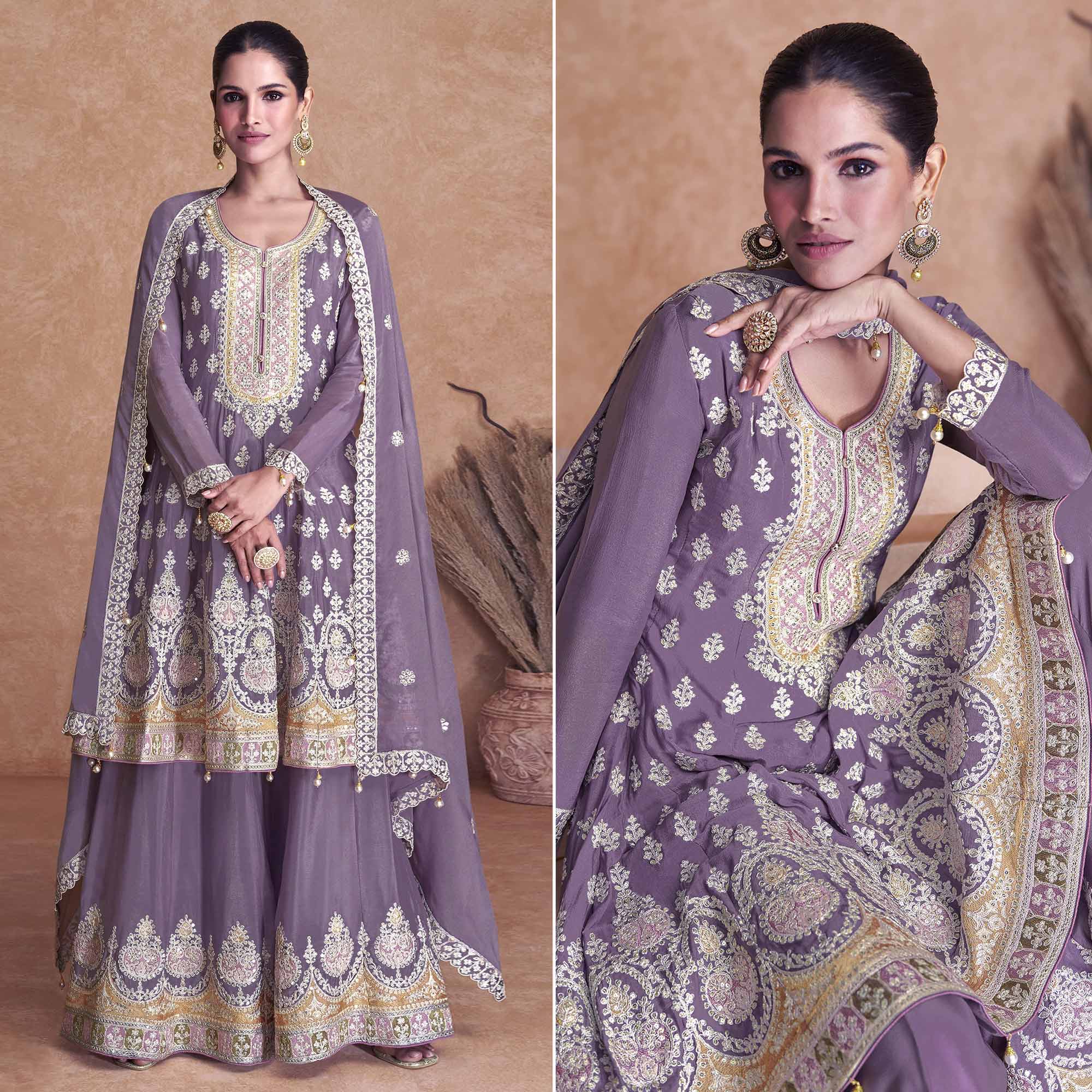 Light Purple Floral Embroidered Georgette Semi Stitched Suit