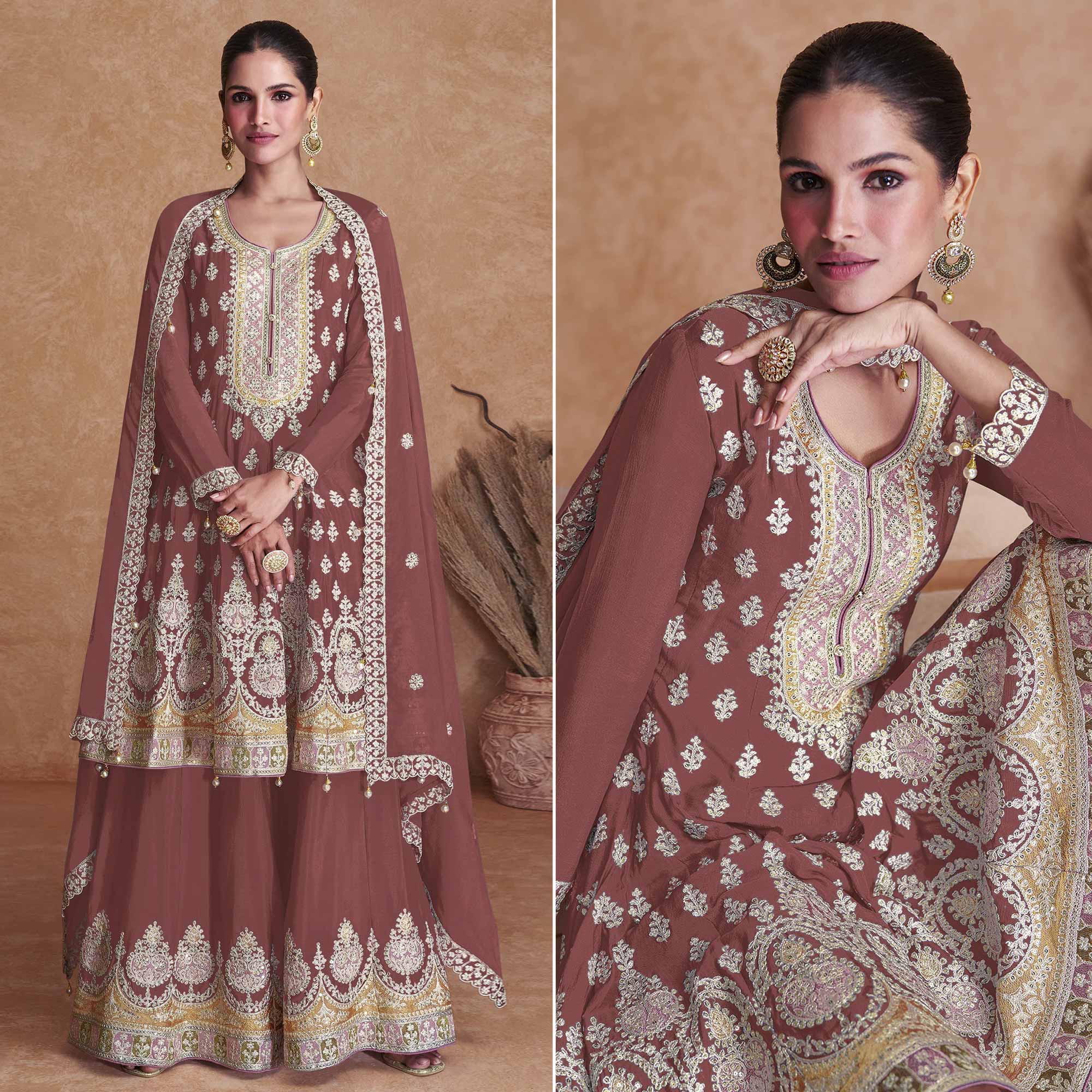 Brown Floral Embroidered Georgette Semi Stitched Suit