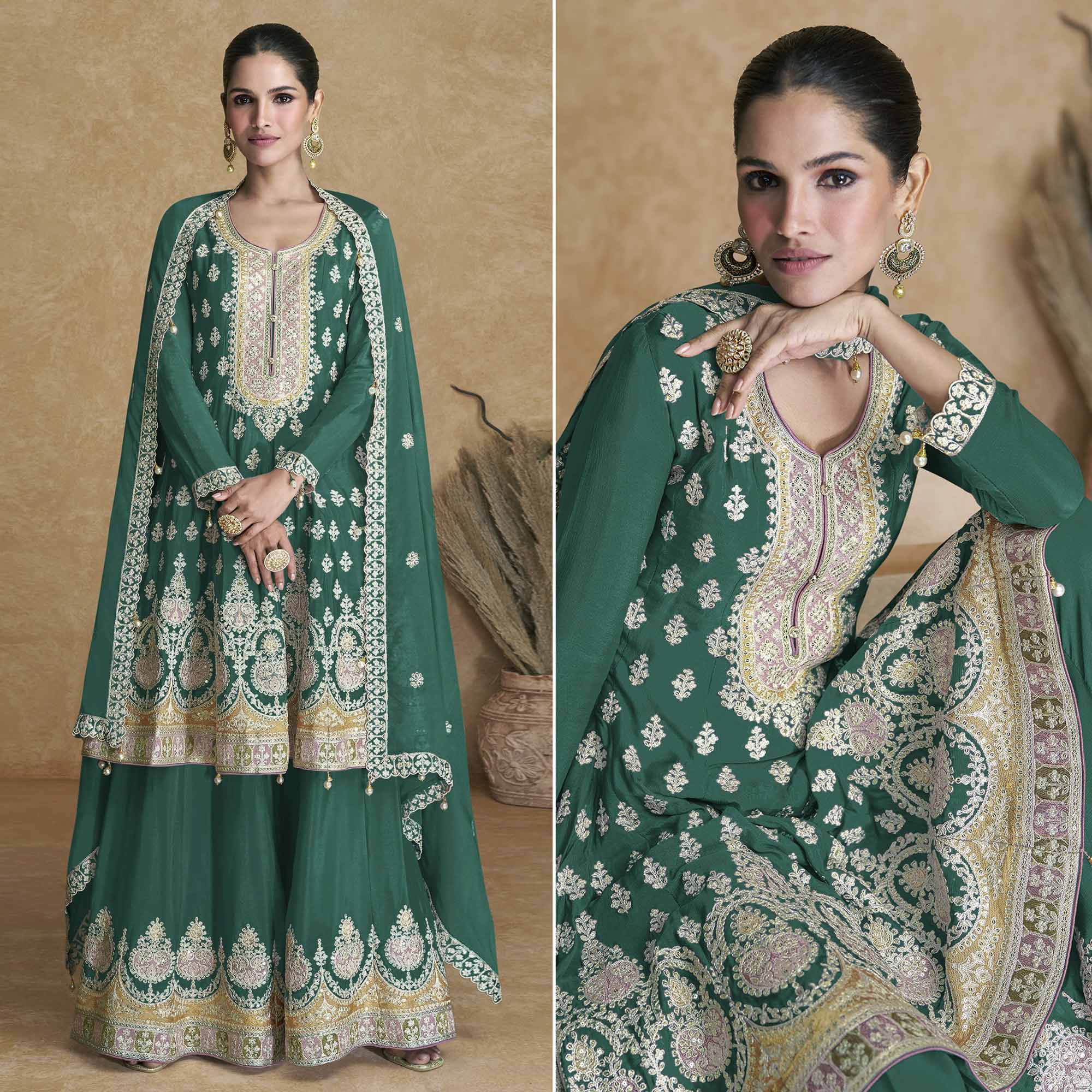 Green Floral Embroidered Georgette Semi Stitched Suit