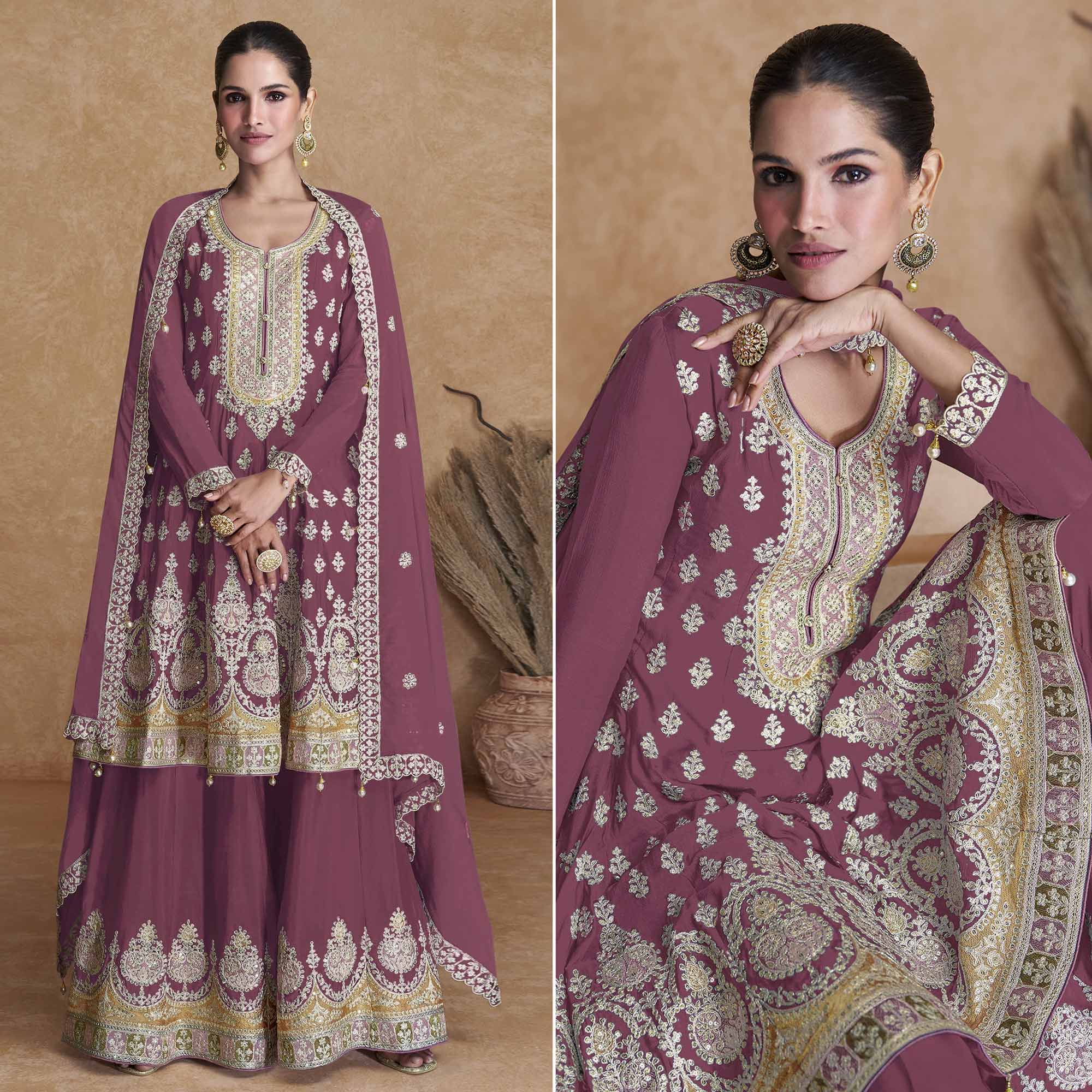 Mauve Floral Embroidered Georgette Semi Stitched Suit