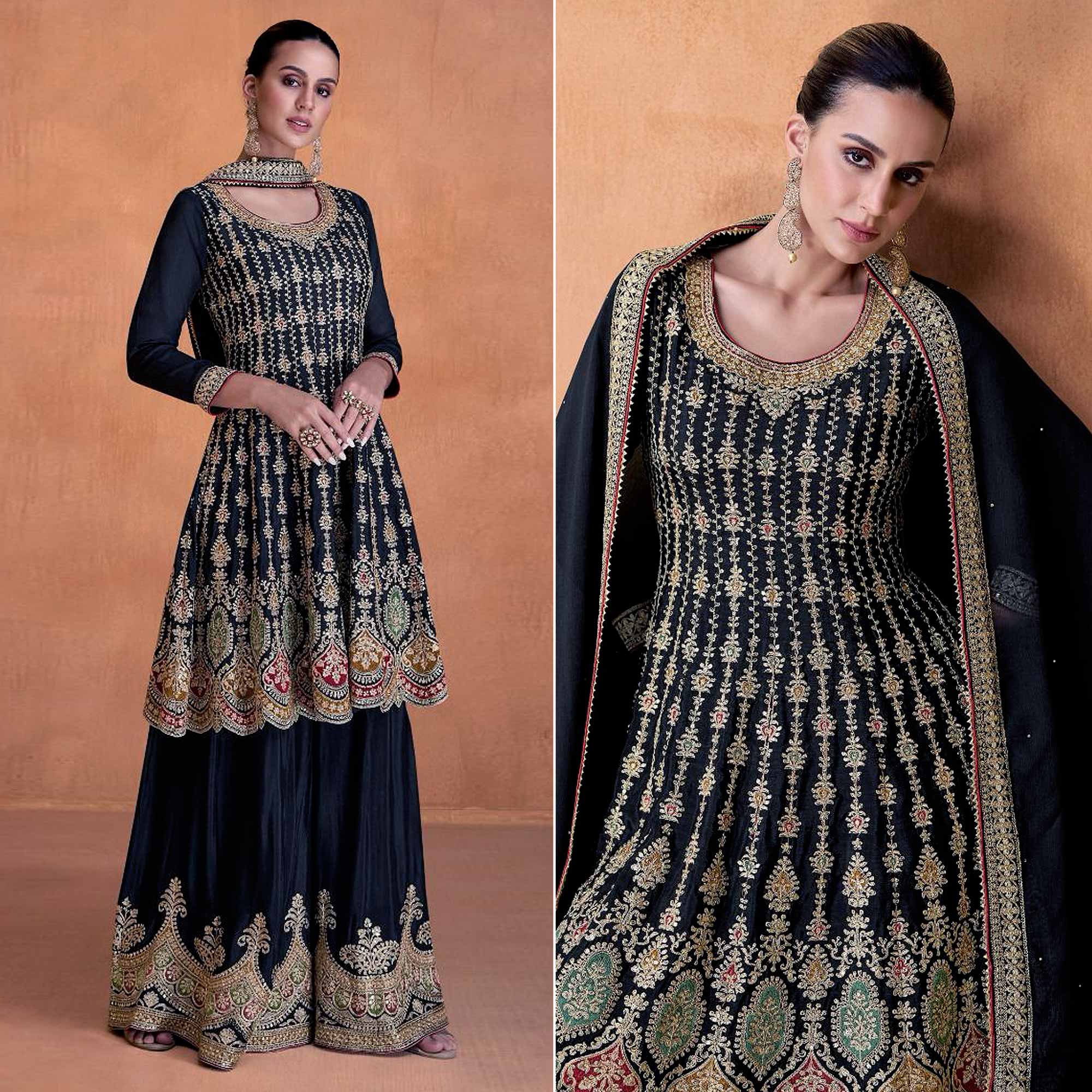 Dark Blue Sequins Embroidered Georgette Semi Stitched Sharara Suit