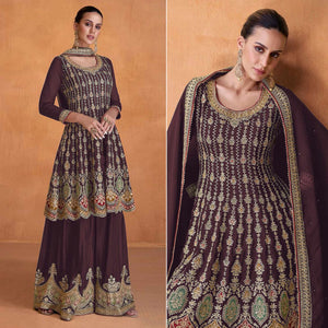 Wine Sequins Embroidered Georgette Semi Stitched Sharara Suit
