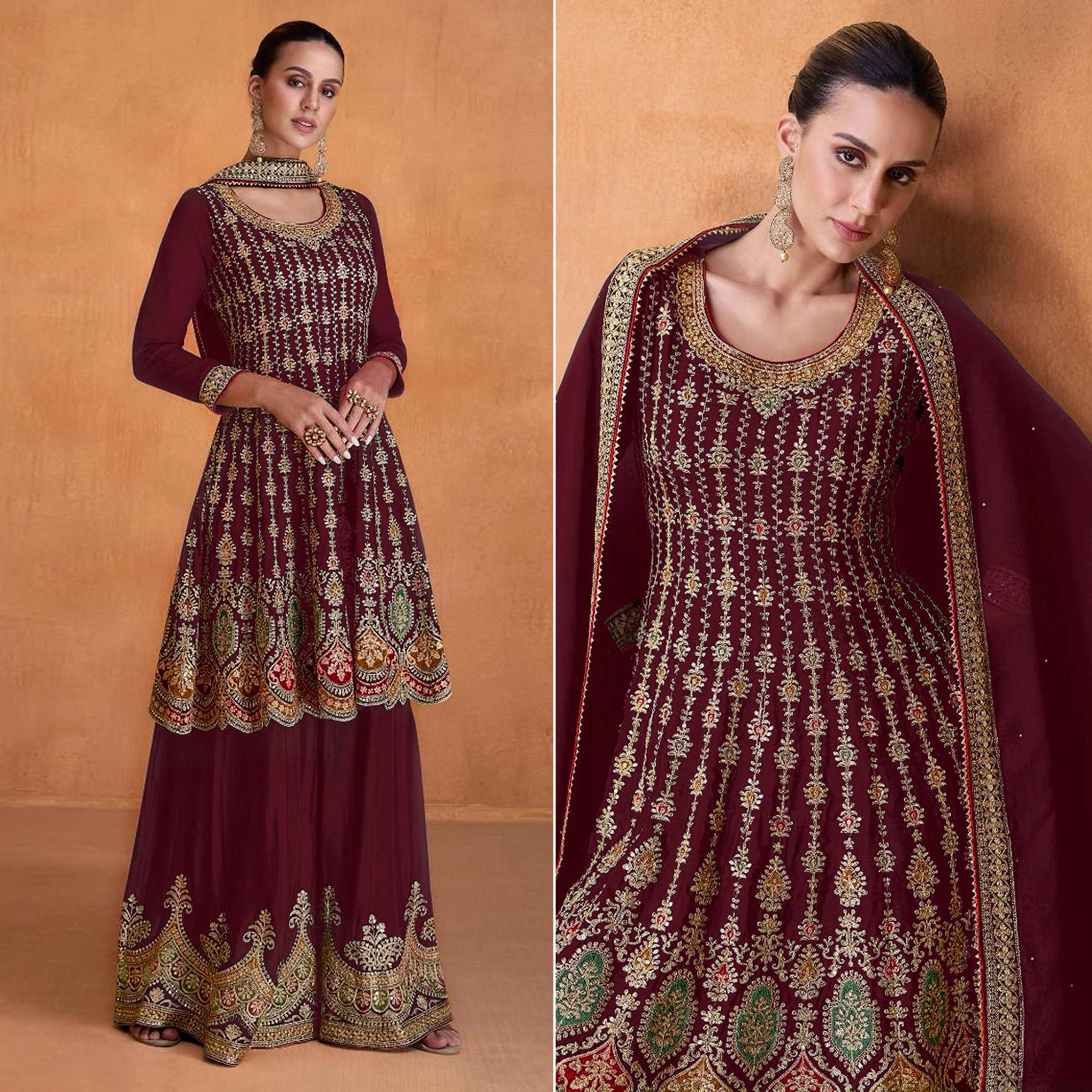 Maroon Sequins Embroidered Georgette Semi Stitched Sharara Suit