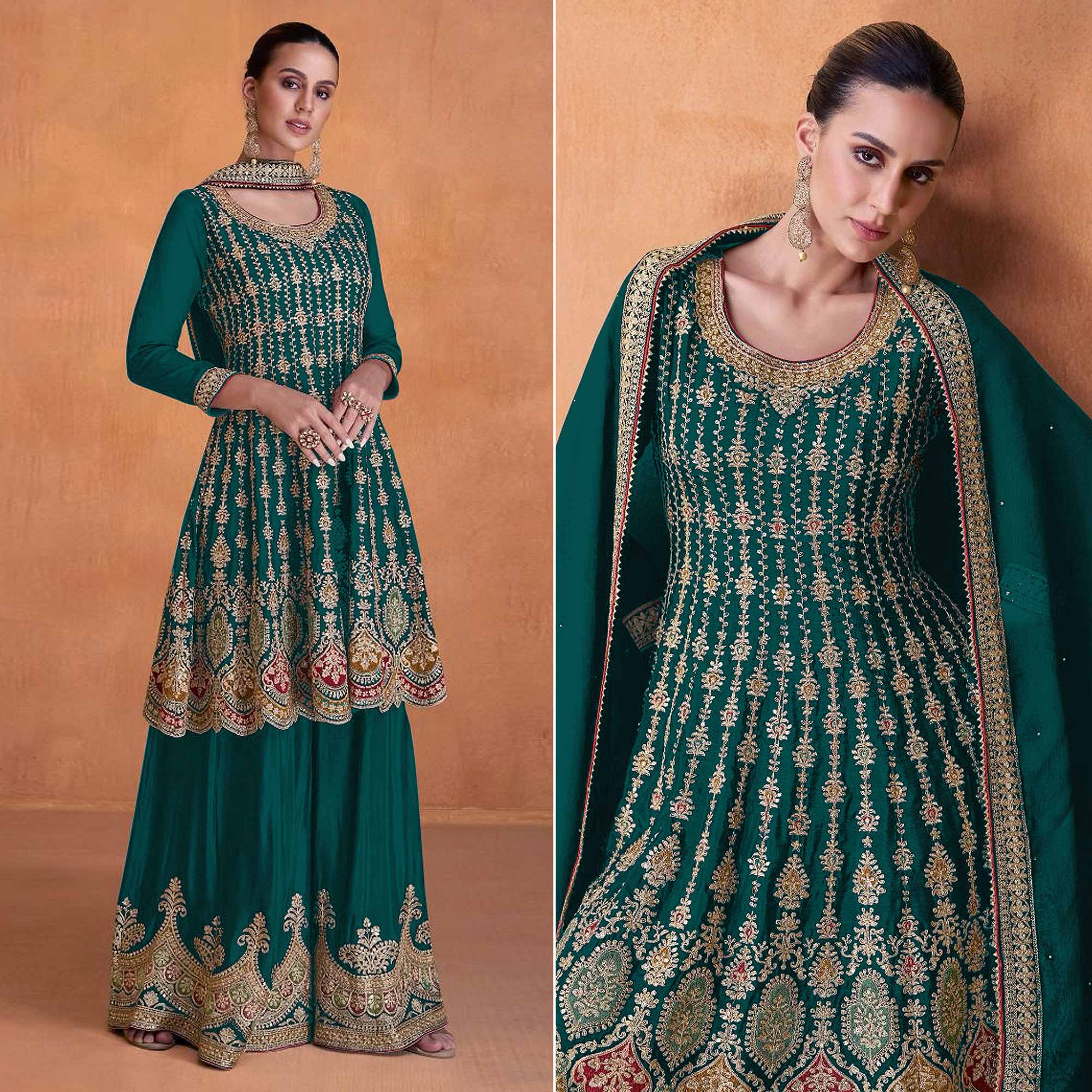 Rama Green Sequins Embroidered Georgette Semi Stitched Sharara Suit