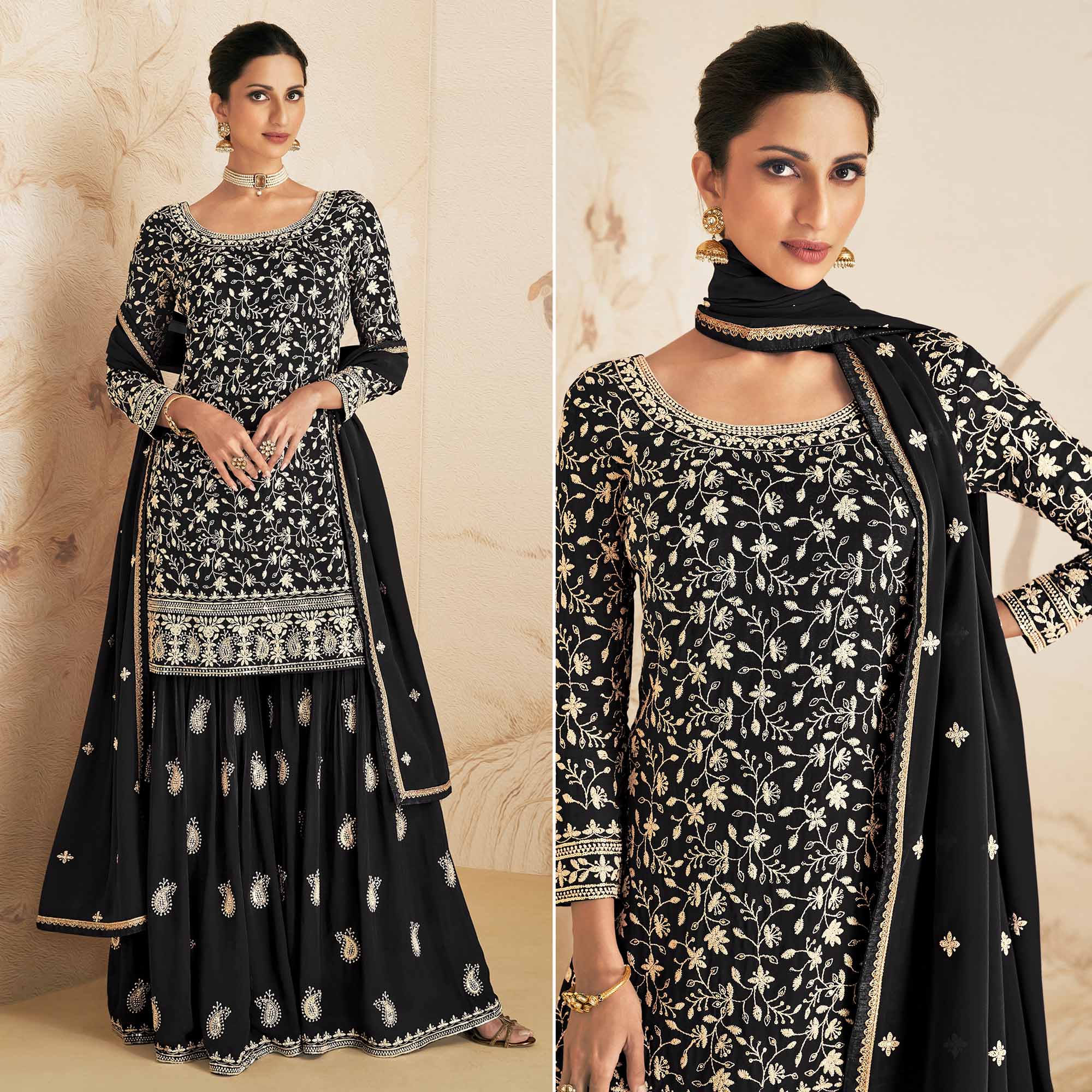 Black Floral Embroidered Georgette Semi Stitched Sharara Suit