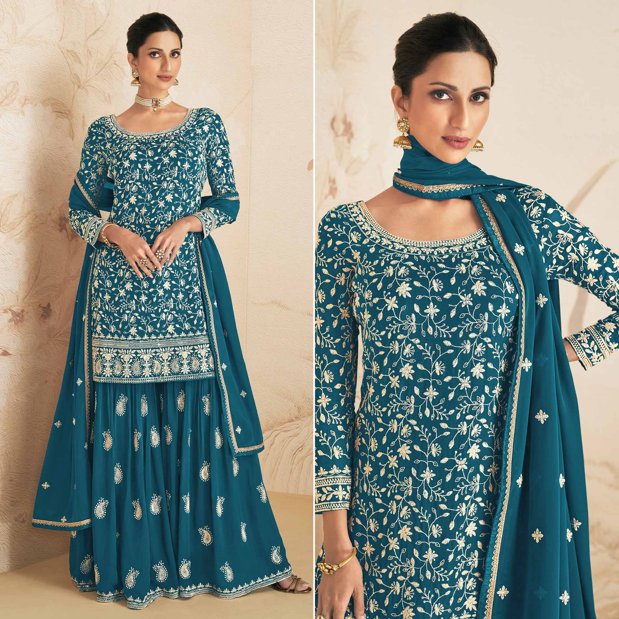 Blue Floral Embroidered Georgette Semi Stitched Sharara Suit