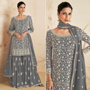 Grey Floral Embroidered Georgette Semi Stitched Sharara Suit