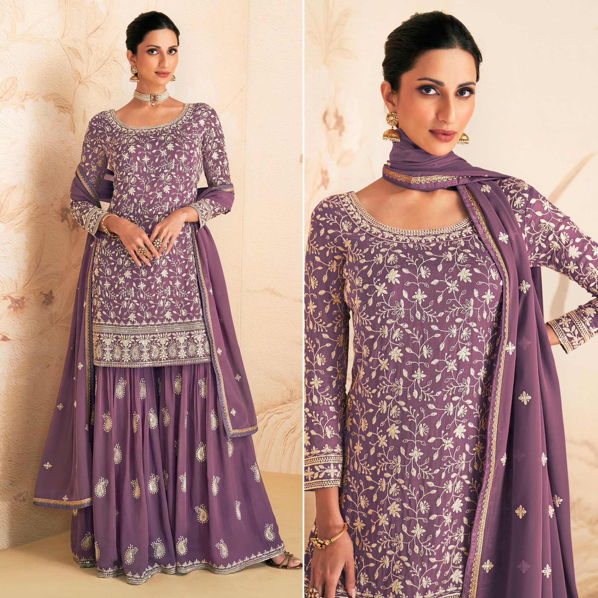 Purple Floral Embroidered Georgette Semi Stitched Sharara Suit