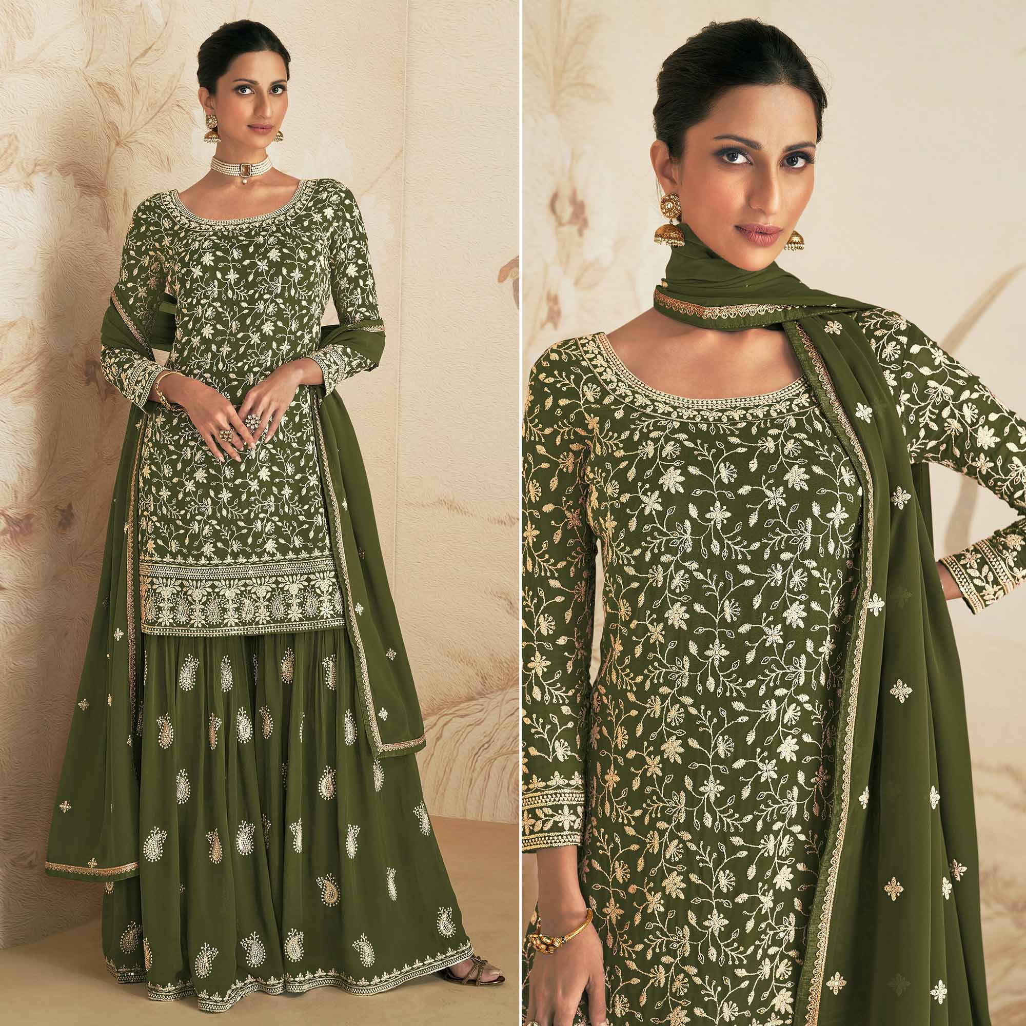 Mehendi Green Floral Embroidered Georgette Semi Stitched Sharara Suit