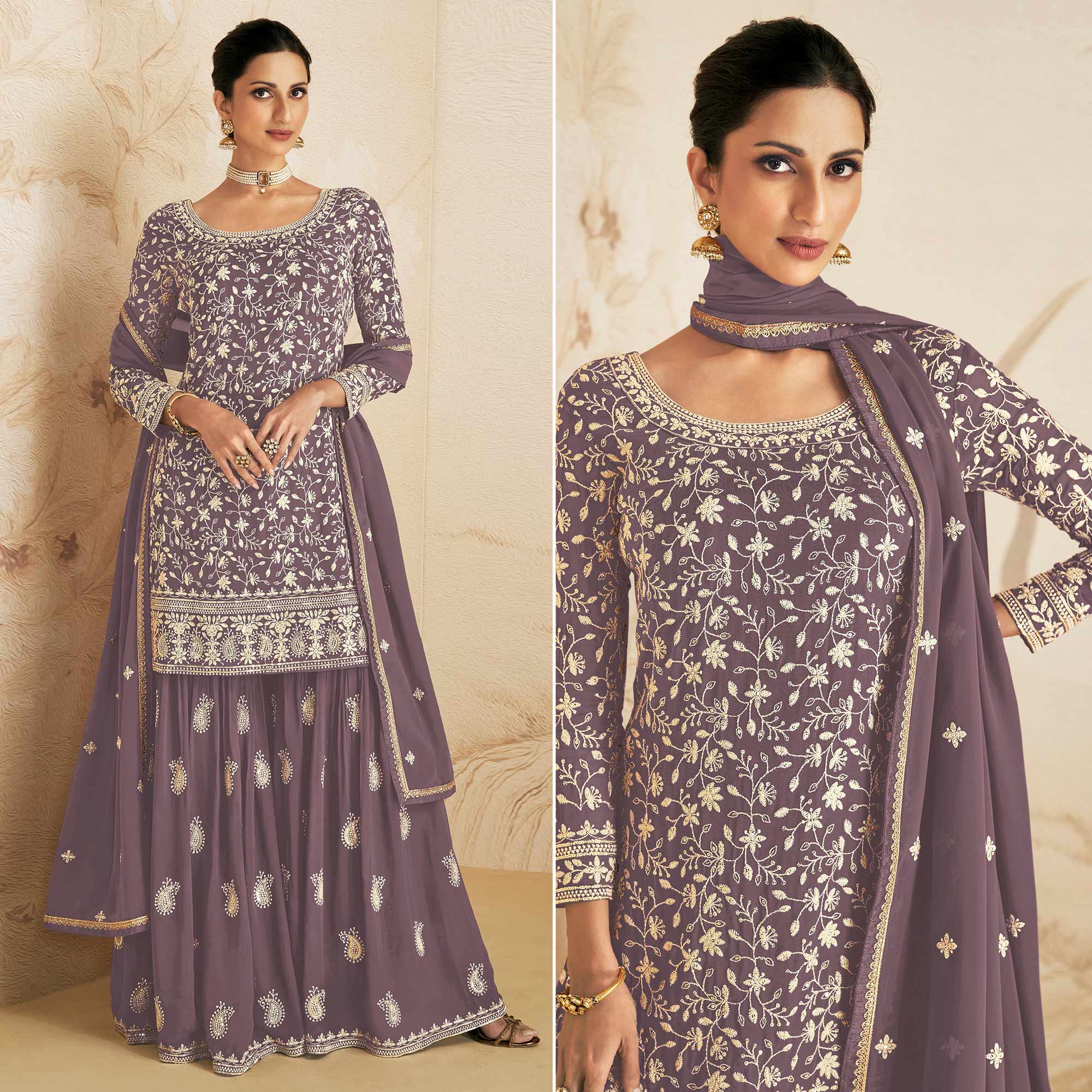 Mauve Floral Embroidered Georgette Semi Stitched Sharara Suit