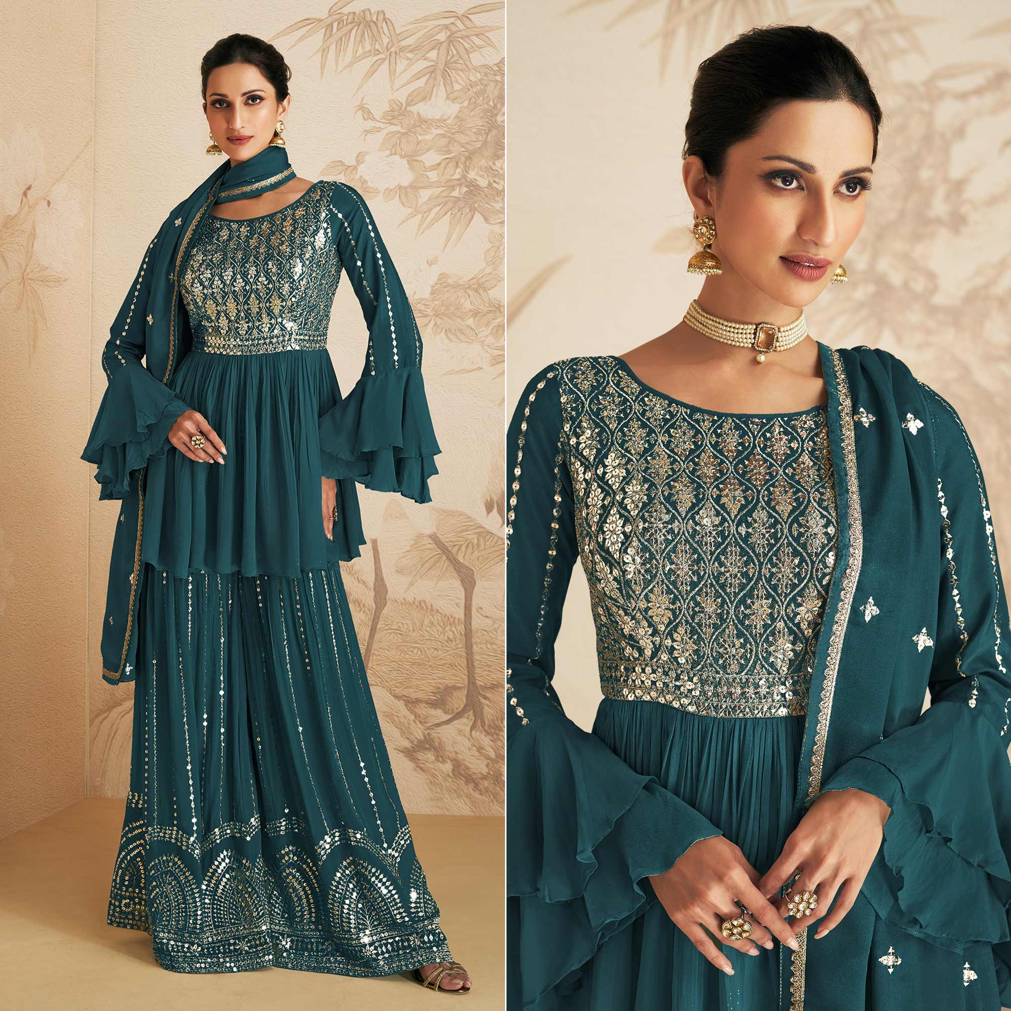 Teal Blue Sequins Embroidered Chinon Semi Stitched Sharara Suit