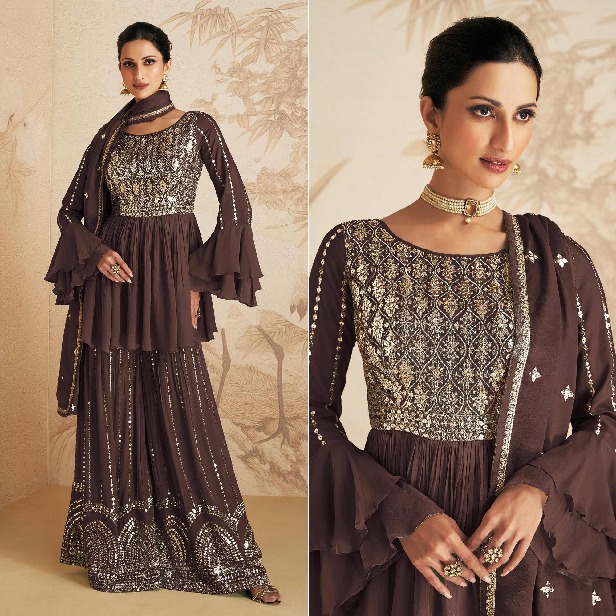 Brown Sequins Embroidered Chinon Semi Stitched Sharara Suit