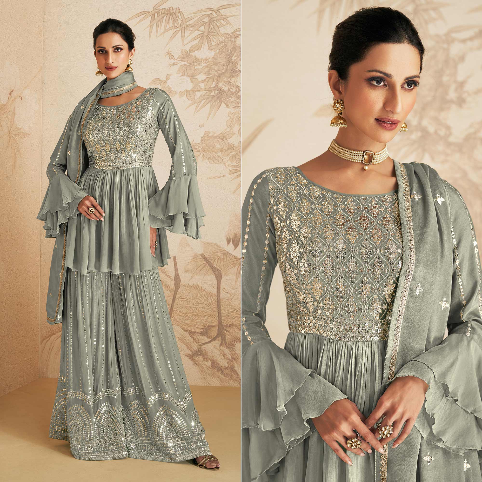 Grey Sequins Embroidered Chinon Semi Stitched Sharara Suit