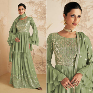 Pista Green Sequins Embroidered Chinon Semi Stitched Sharara Suit