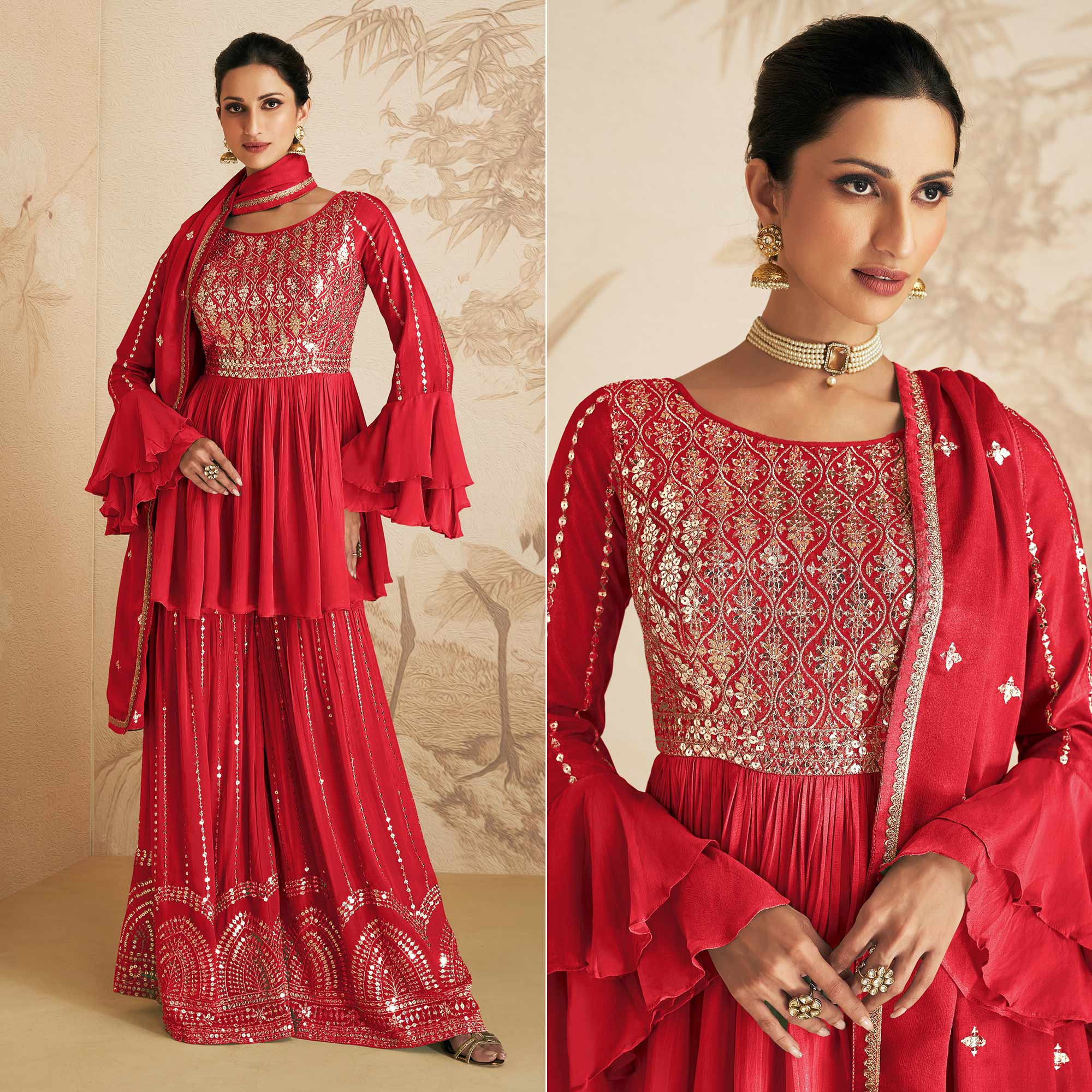 Red Sequins Embroidered Chinon Semi Stitched Sharara Suit