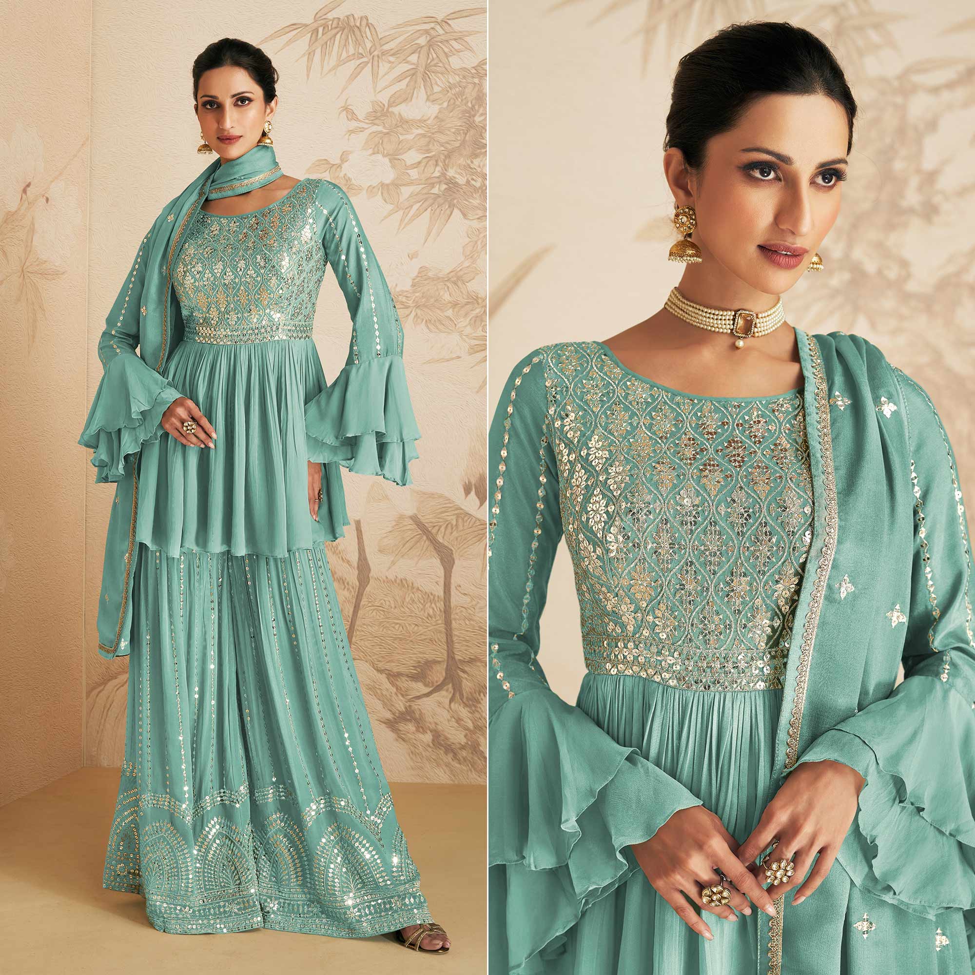 Blue Sequins Embroidered Chinon Semi Stitched Sharara Suit