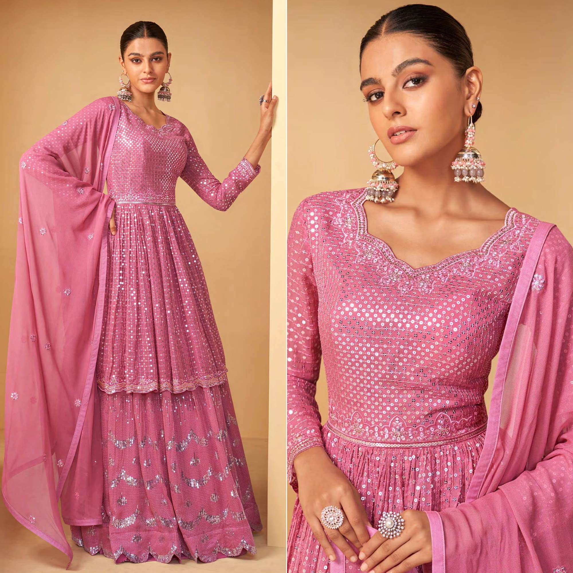 Pink Sequins Embroidered Georgette Semi Stitched Sharara Suit