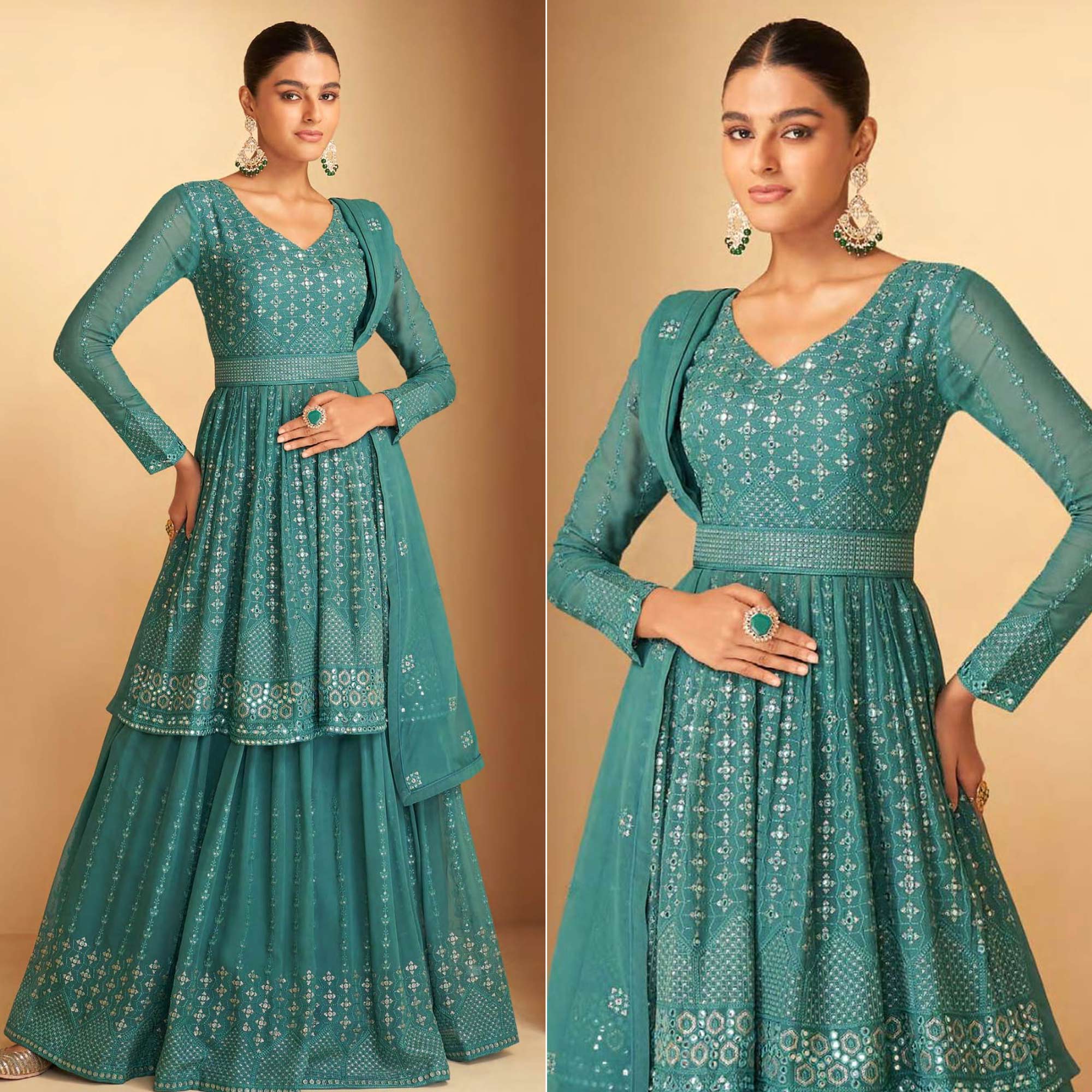 Rama Green Sequins Embroidered Georgette Semi Stitched Sharara Suit