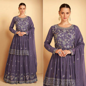 Purple Floral Embroidered Georgette Semi Stitched Sharara Suit