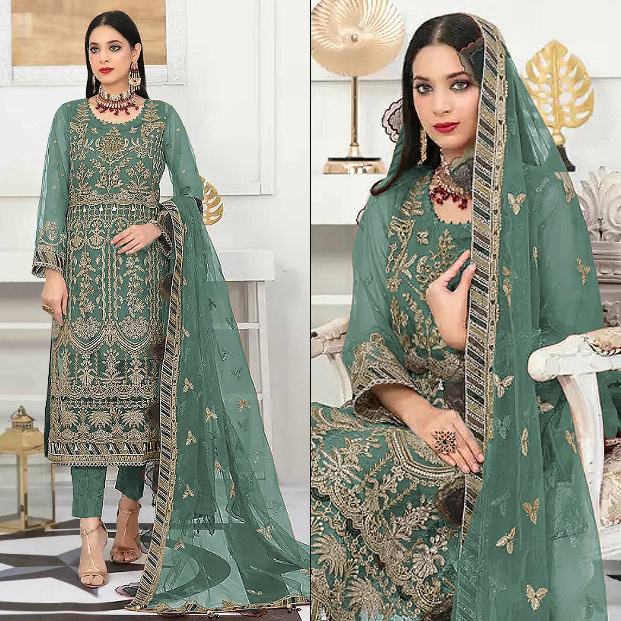 Green Floral Embroidered Net Semi Stitched Pakistani Suit