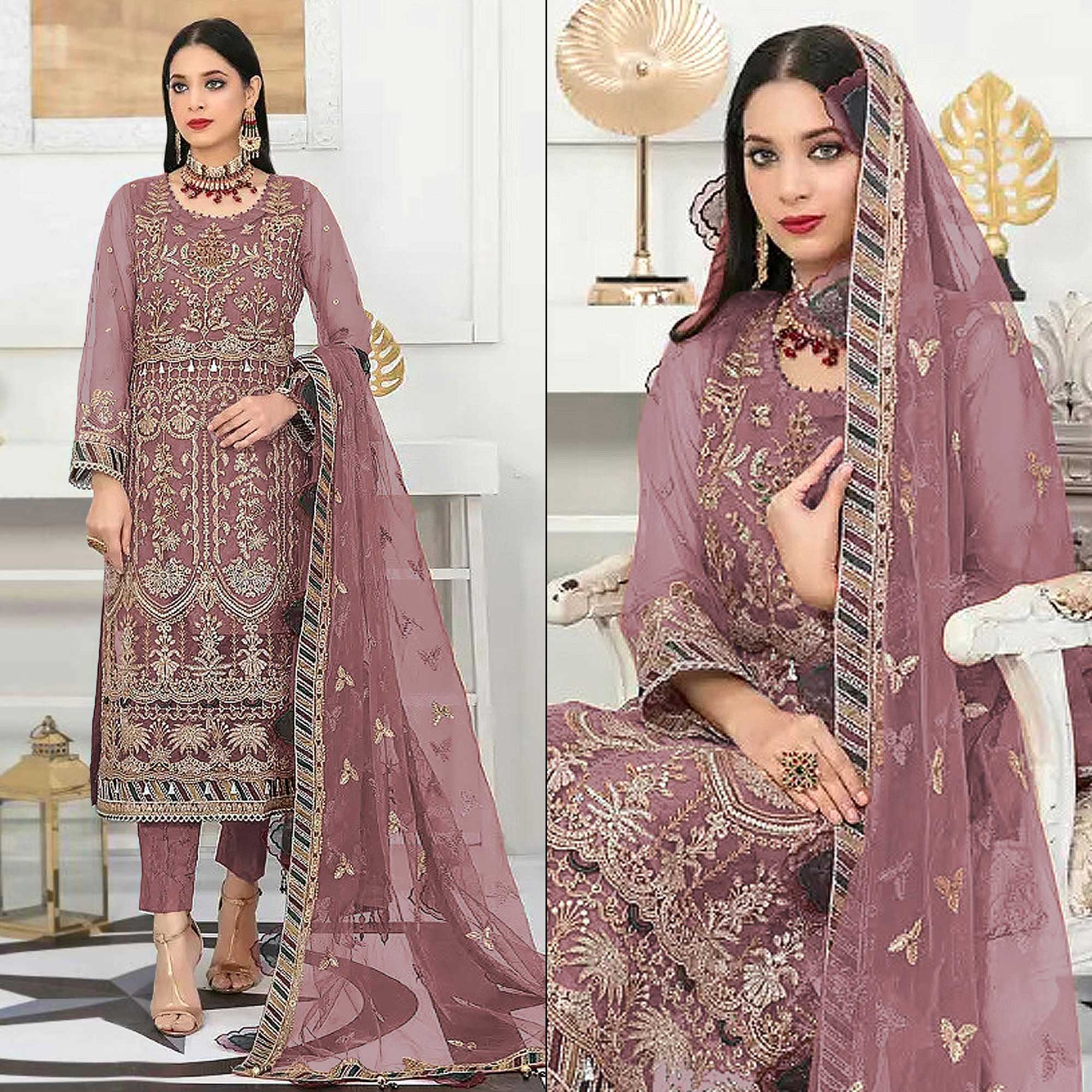 Light Mauve Floral Embroidered Net Semi Stitched Pakistani Suit