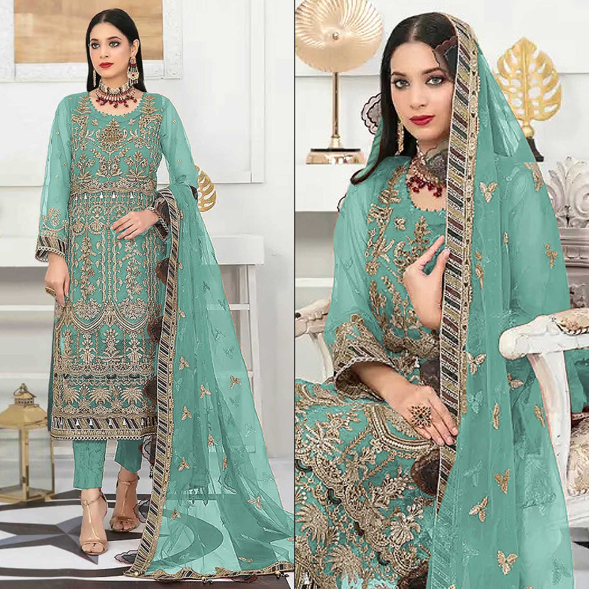 Turquoise Floral Embroidered Net Semi Stitched Pakistani Suit