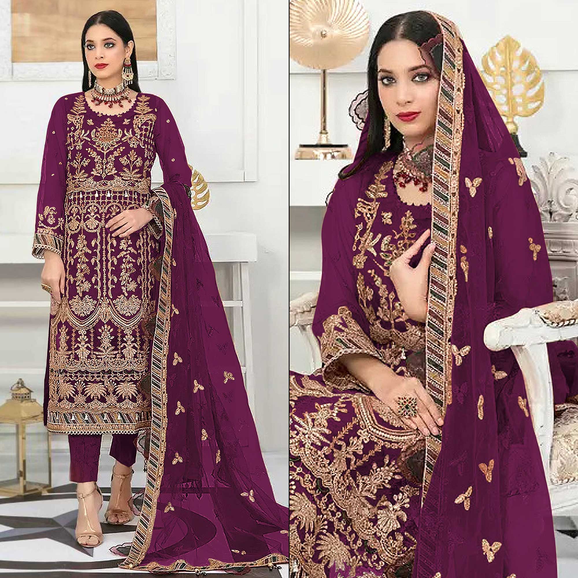 Purple Floral Embroidered Net Semi Stitched Pakistani Suit