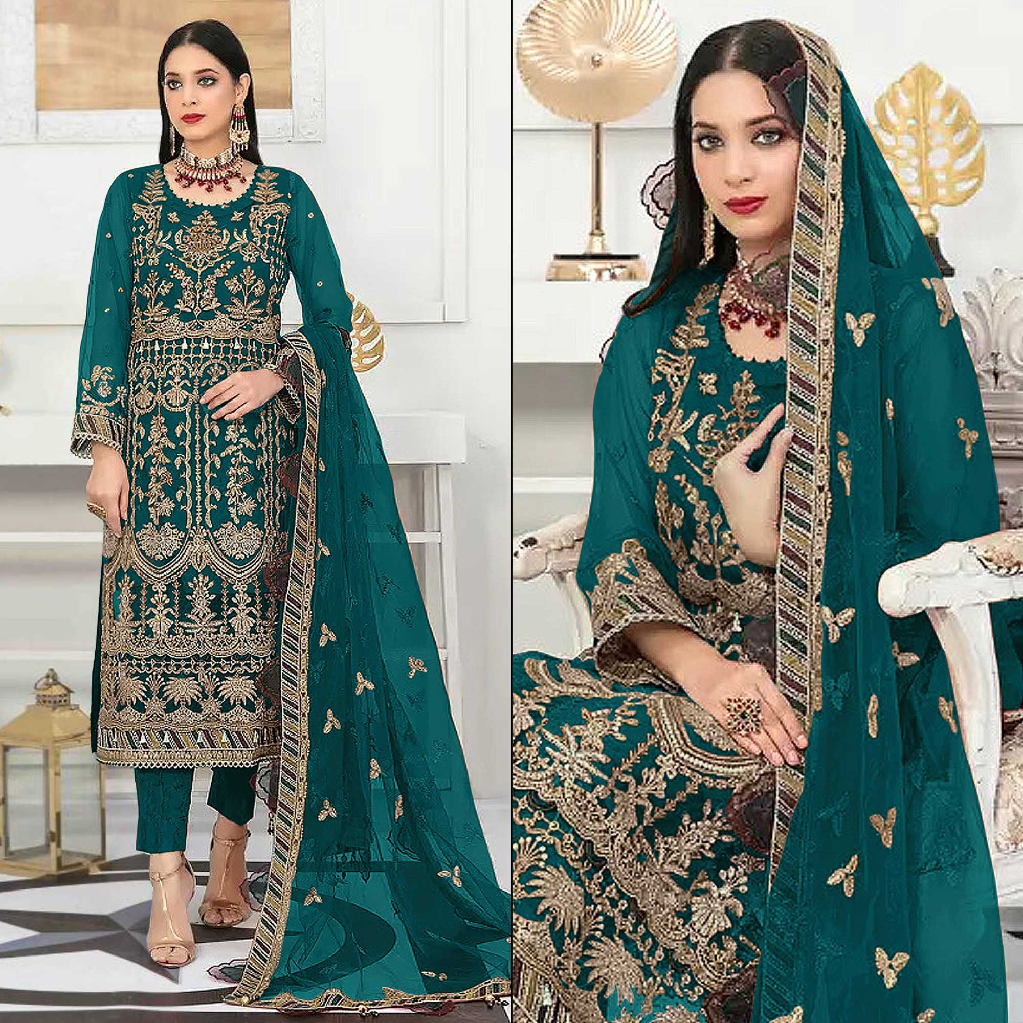 Teal Floral Embroidered Net Semi Stitched Pakistani Suit