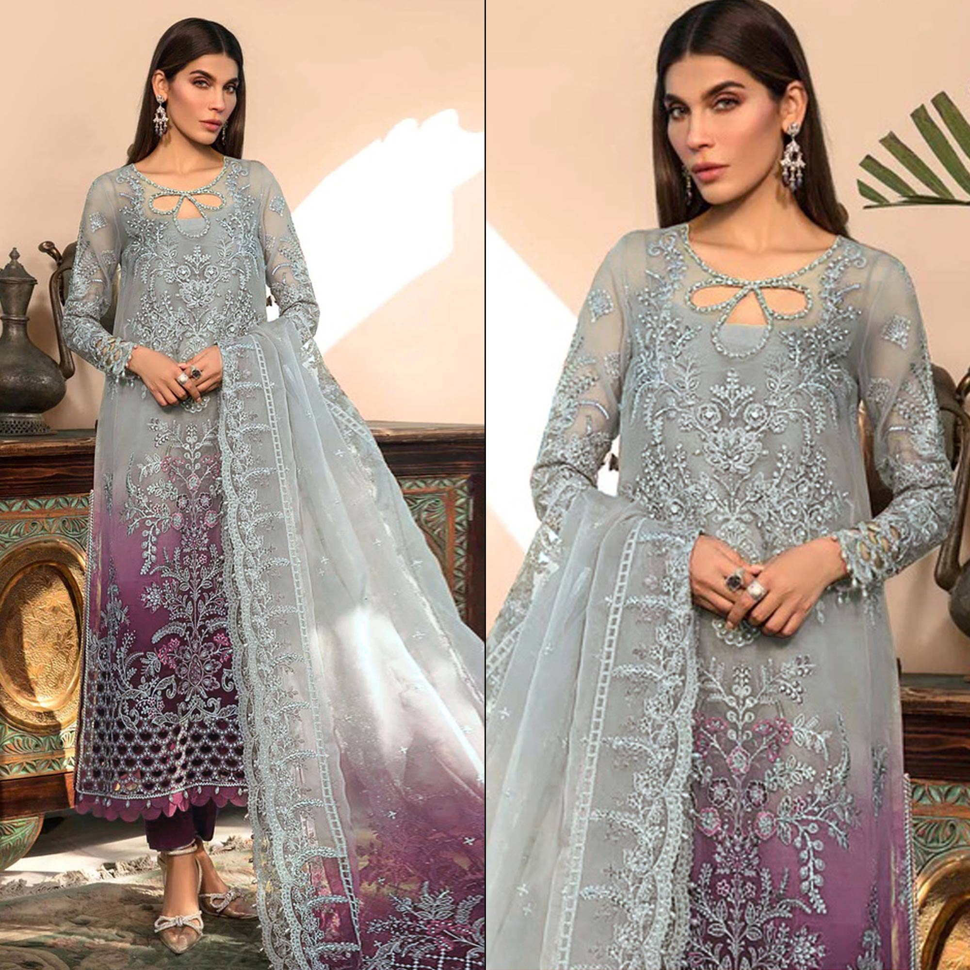 Grey & Purple Floral Embroidered Organza Semi Stitched Pakistani Suit