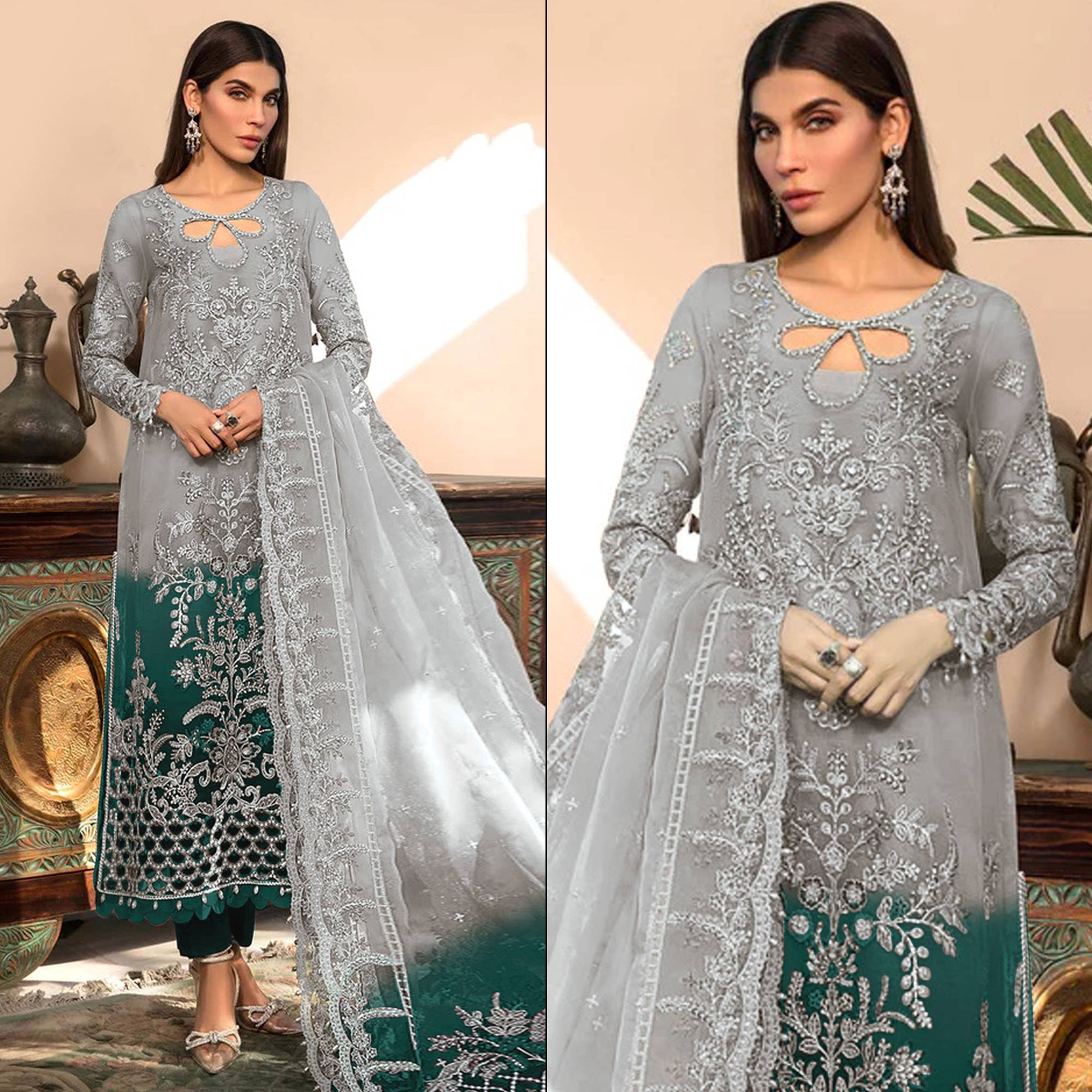 Grey & Green Floral Embroidered Organza Semi Stitched Pakistani Suit