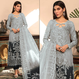 Grey & Black Floral Embroidered Organza Semi Stitched Pakistani Suit