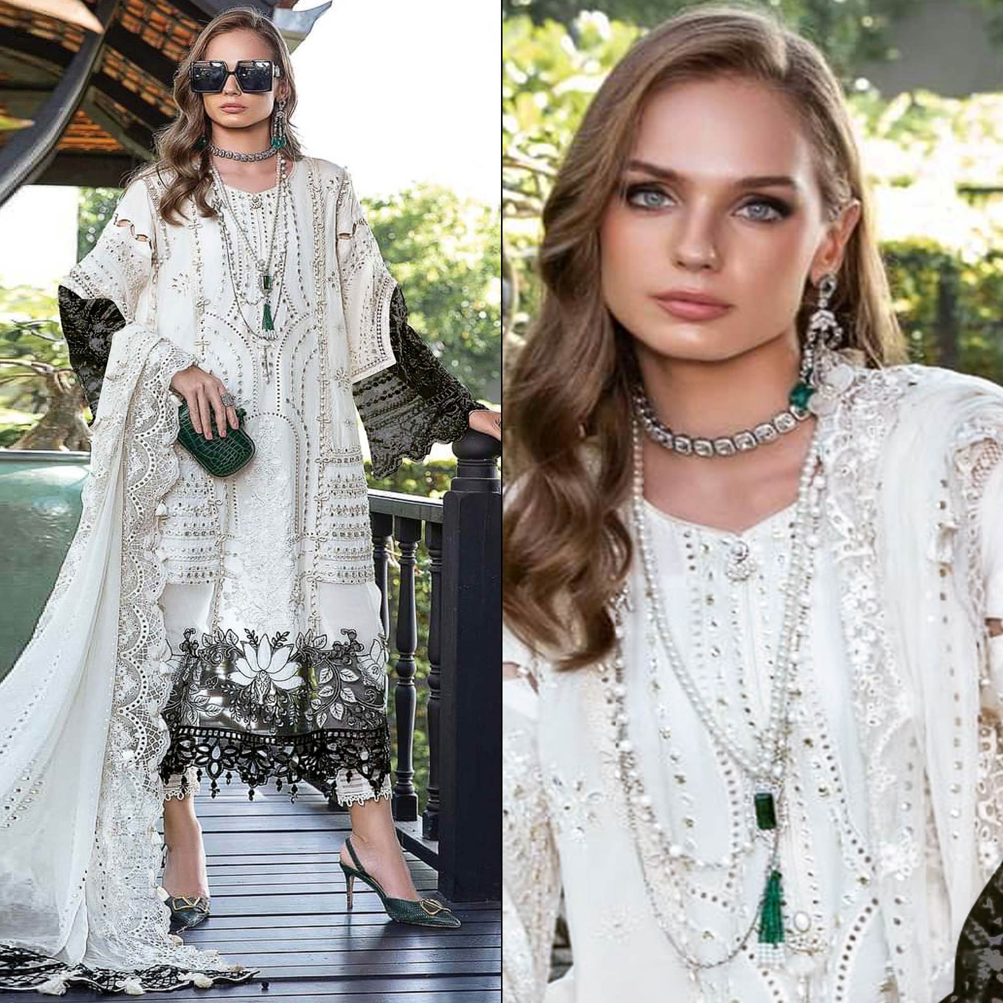 Cream Floral Embroidered Georgette Semi Stitched Pakistani Suit