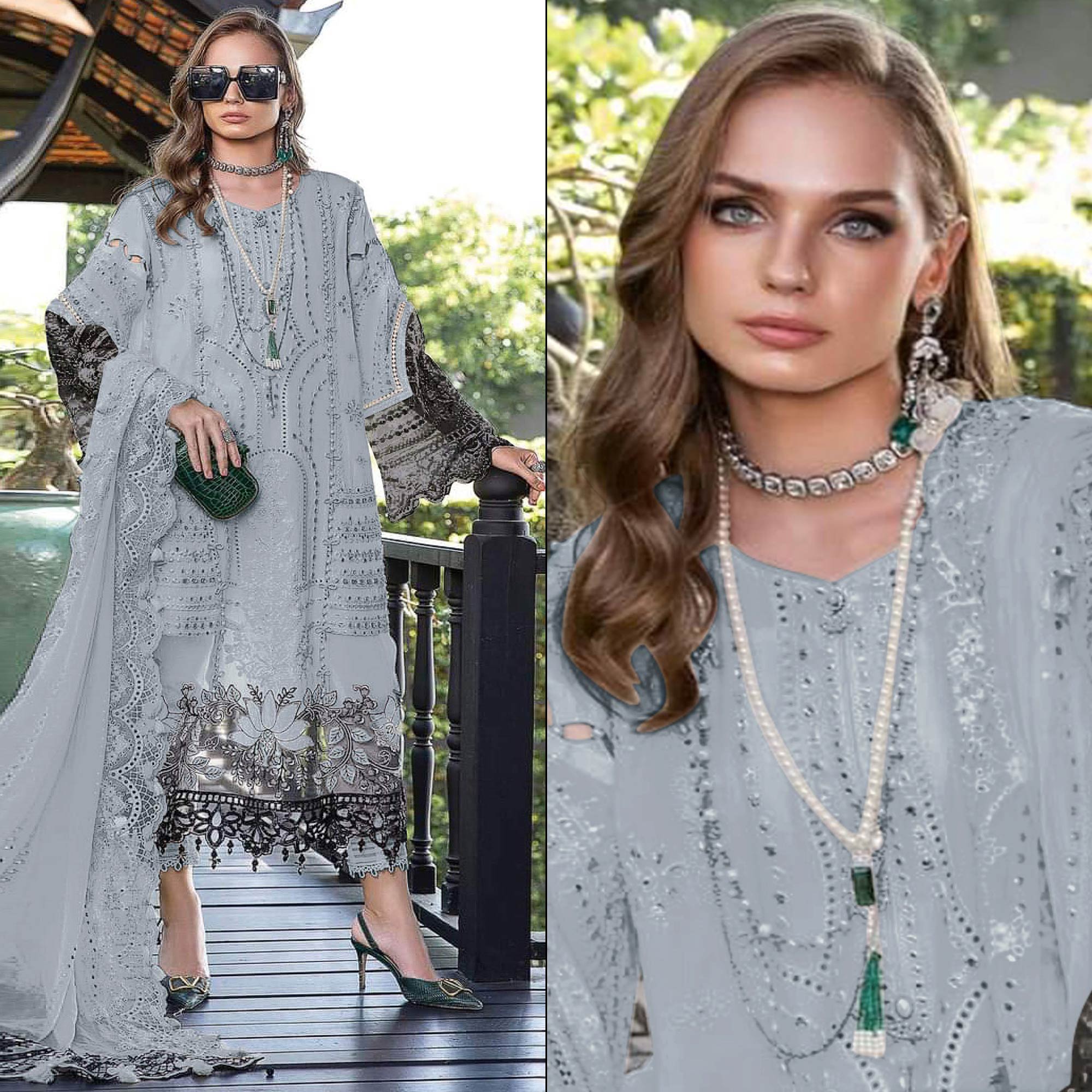 Grey Floral Embroidered Georgette Semi Stitched Pakistani Suit