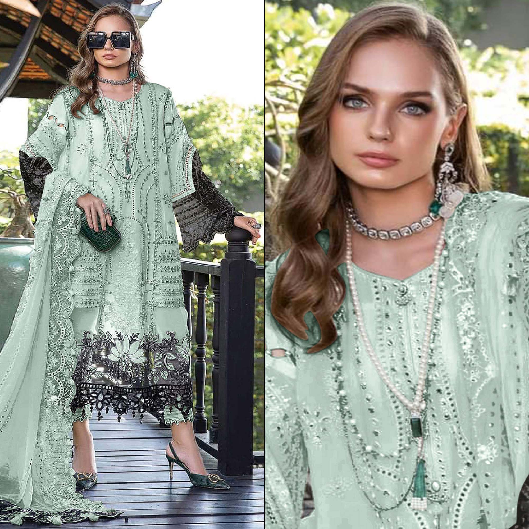 Green Floral Embroidered Georgette Semi Stitched Pakistani Suit