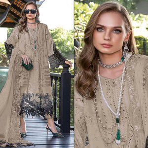 Beige Floral Embroidered Georgette Semi Stitched Pakistani Suit