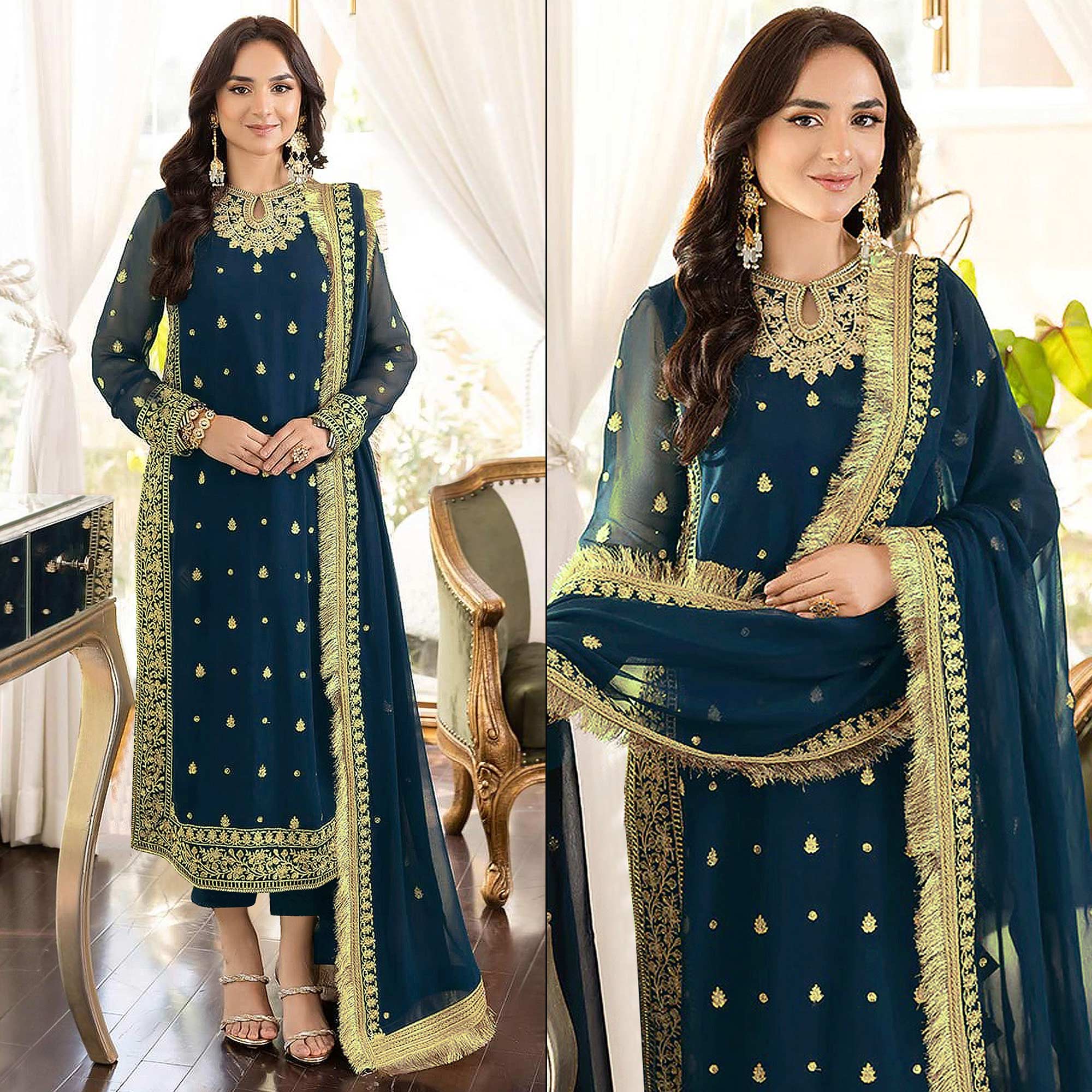 Blue Floral Embroidered Georgette Semi Stitched Pakistani Suit