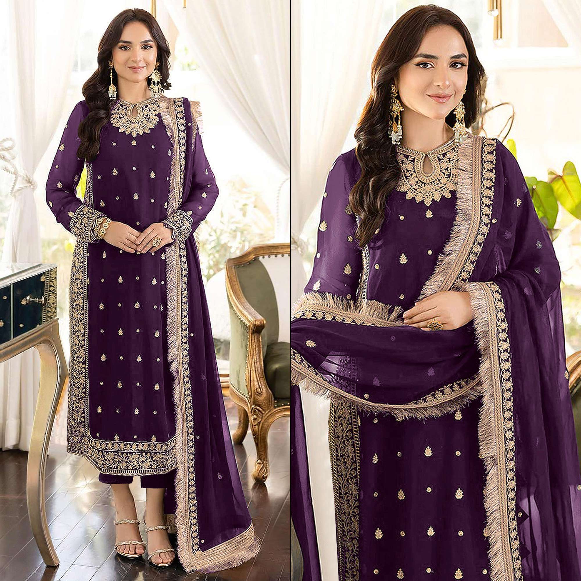 Purple Floral Embroidered Georgette Semi Stitched Pakistani Suit