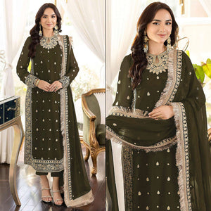 Mehendi Green Floral Embroidered Georgette Semi Stitched Pakistani Suit