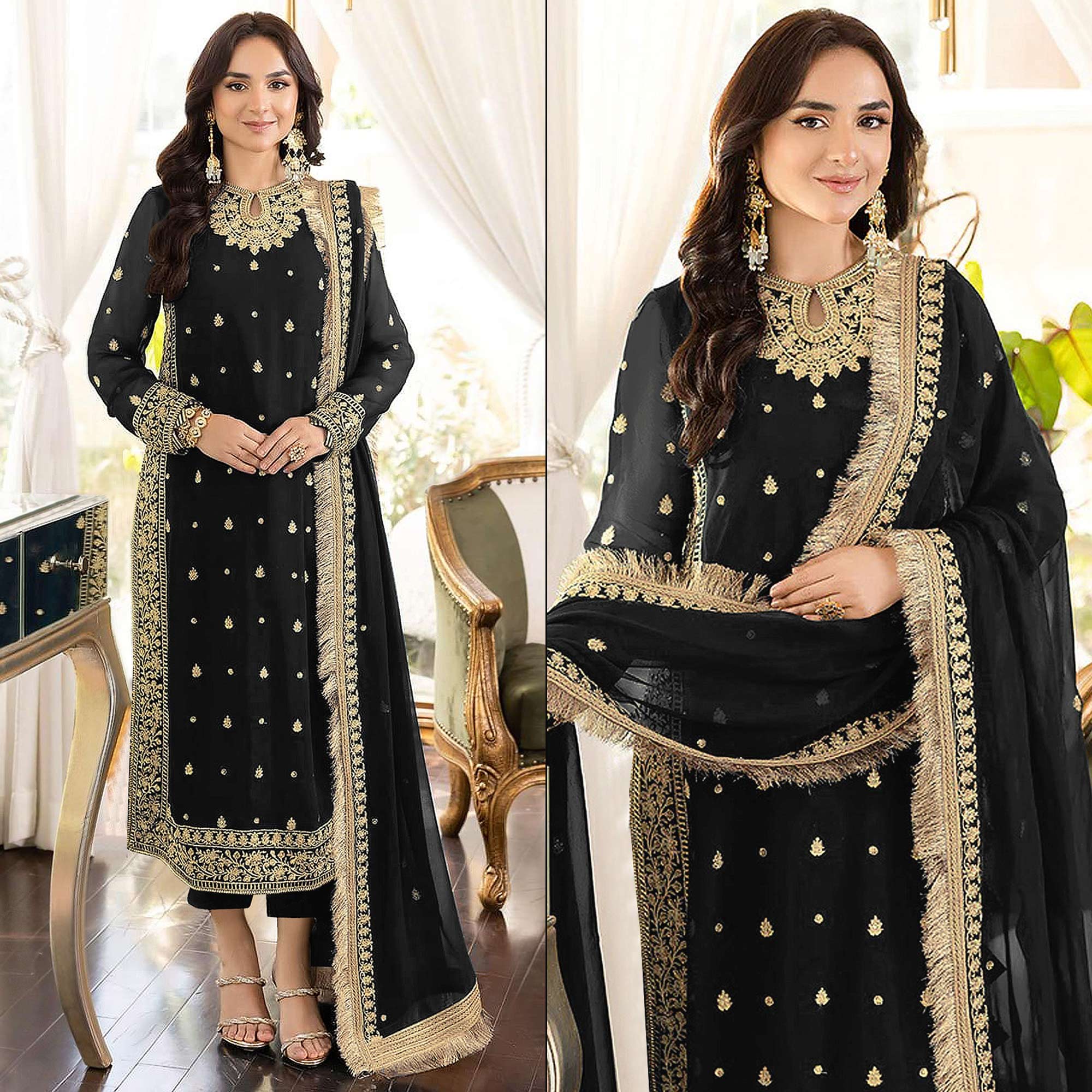 Black Floral Embroidered Georgette Semi Stitched Pakistani Suit