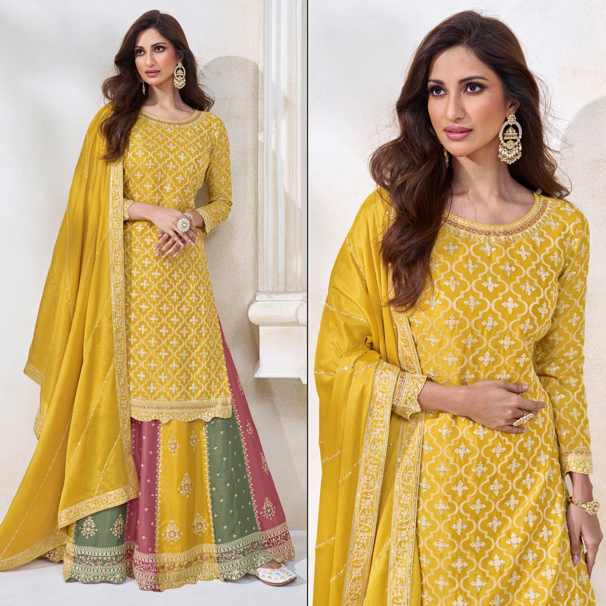 Yellow Embroidered Chinon Semi Stitched Sharara Suit