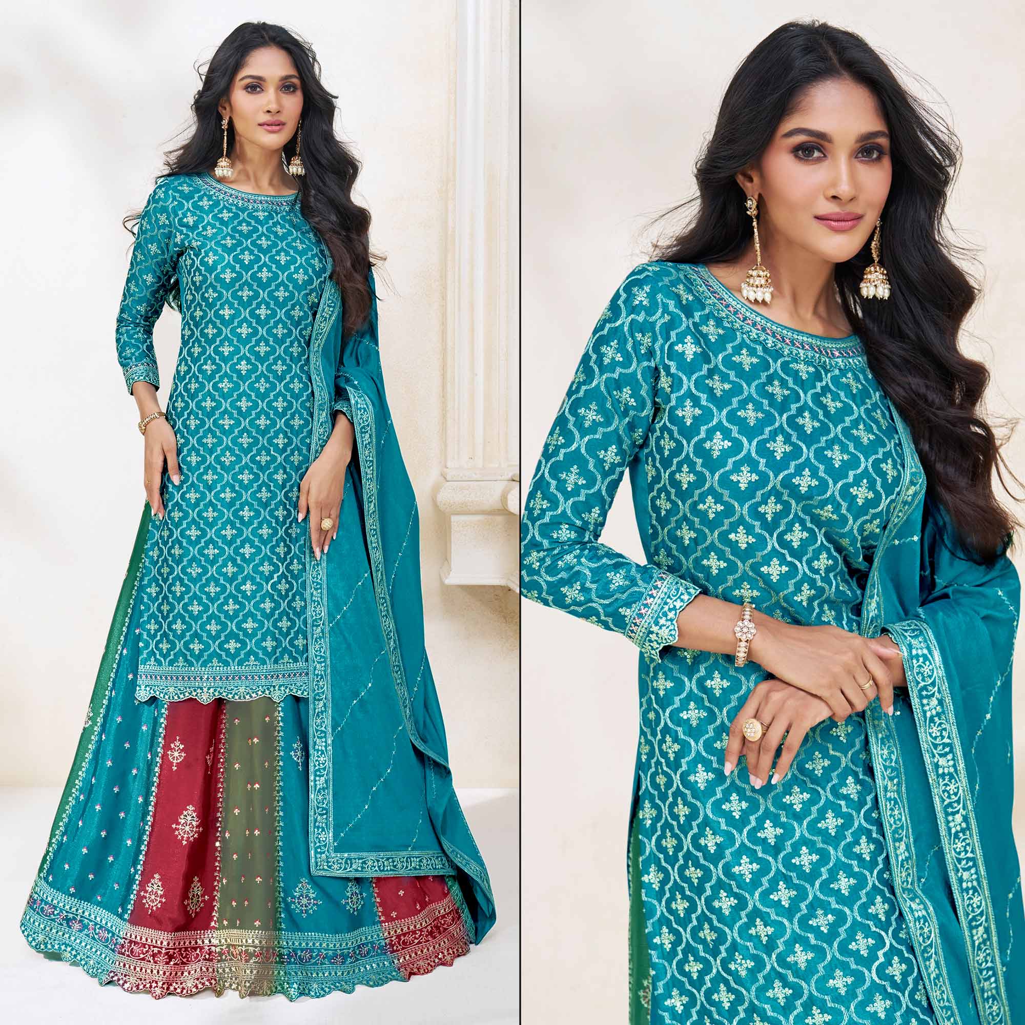 Blue Embroidered Chinon Semi Stitched Sharara Suit