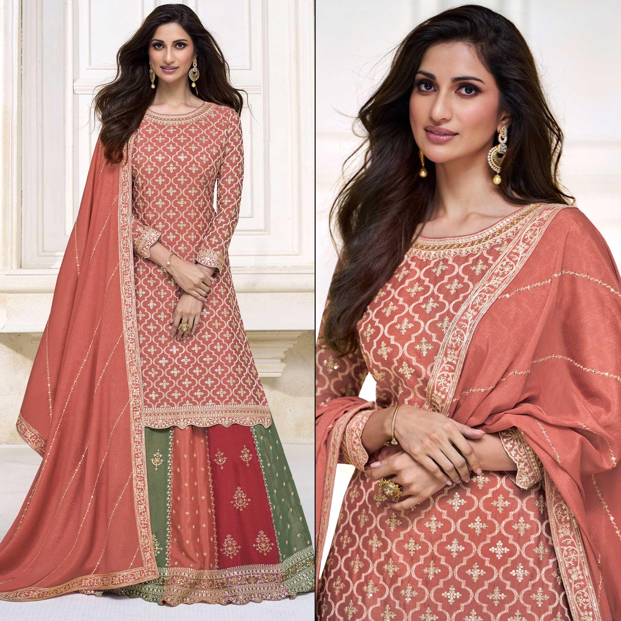 Peach Embroidered Chinon Semi Stitched Sharara Suit