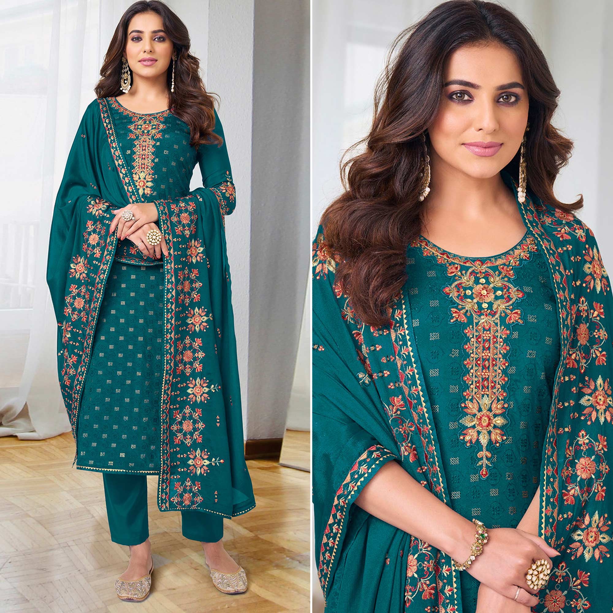 Teal Embroidered Georgette Semi Stitched Salwar Suit