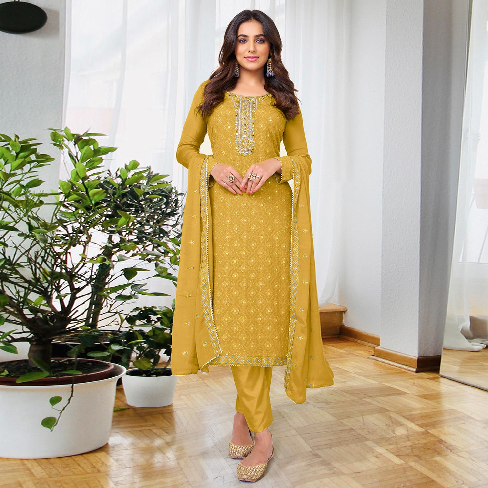 Mustard Embroidered Georgette Semi Stitched Salwar Suit