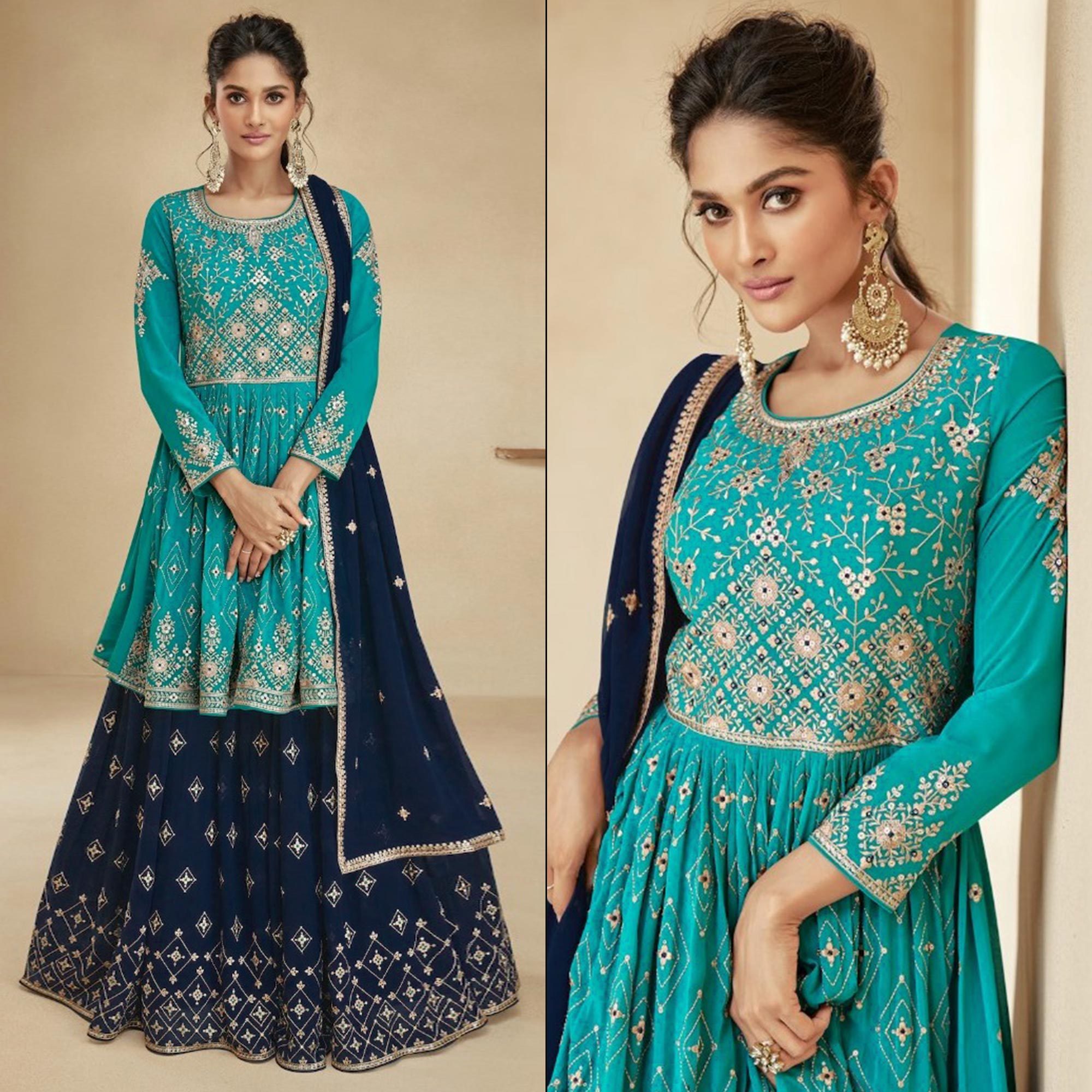 Rama Blue & Navy Blue Embroidered Georgette Semi Stitched Sharara Suit