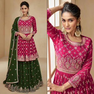 Pink & Green Embroidered Georgette Semi Stitched Sharara Suit